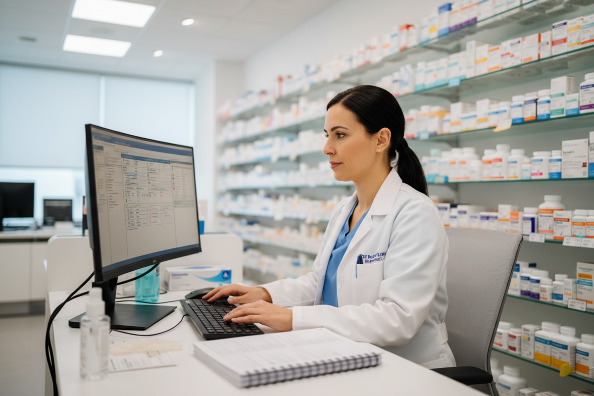 pharmacy technician training student working at computer
