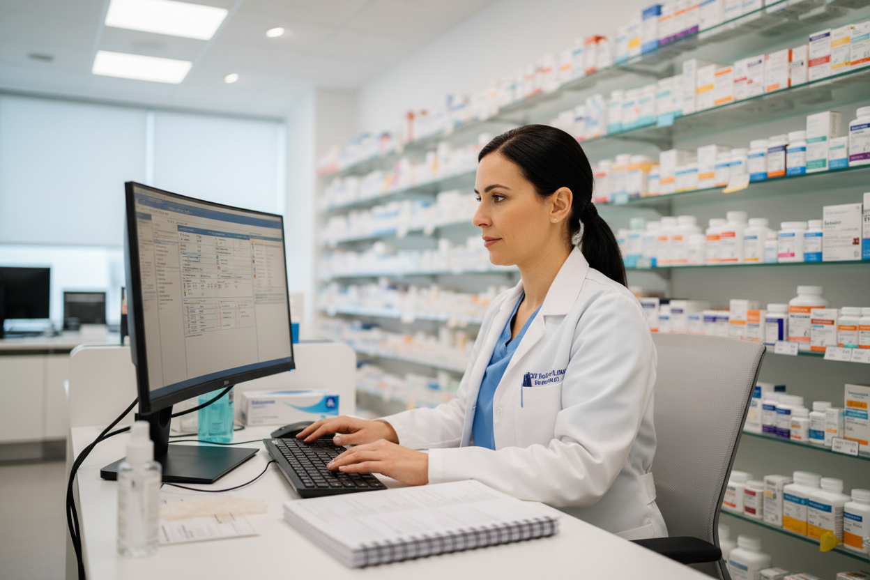 pharmacy technician training student working at computer
