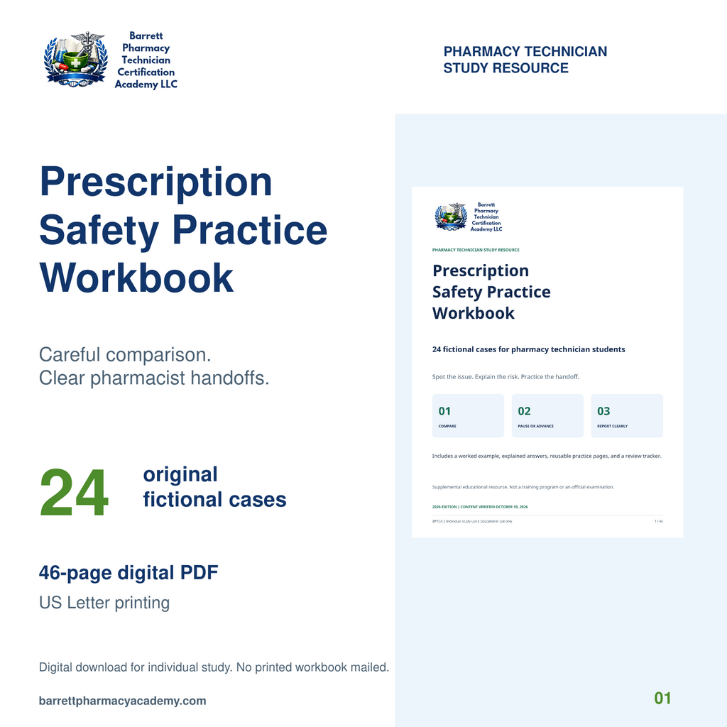 Prescription Safety Practice Workbook cover with 24 fictional cases and a 46-page digital PDF for pharmacy students.