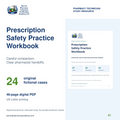 Prescription Safety Practice Workbook cover with 24 fictional cases and a 46-page digital PDF for pharmacy students.