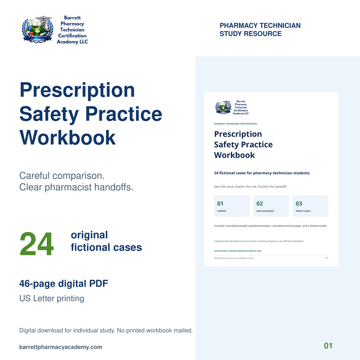 Prescription Safety Practice Workbook cover with 24 fictional cases and a 46-page digital PDF for pharmacy students.