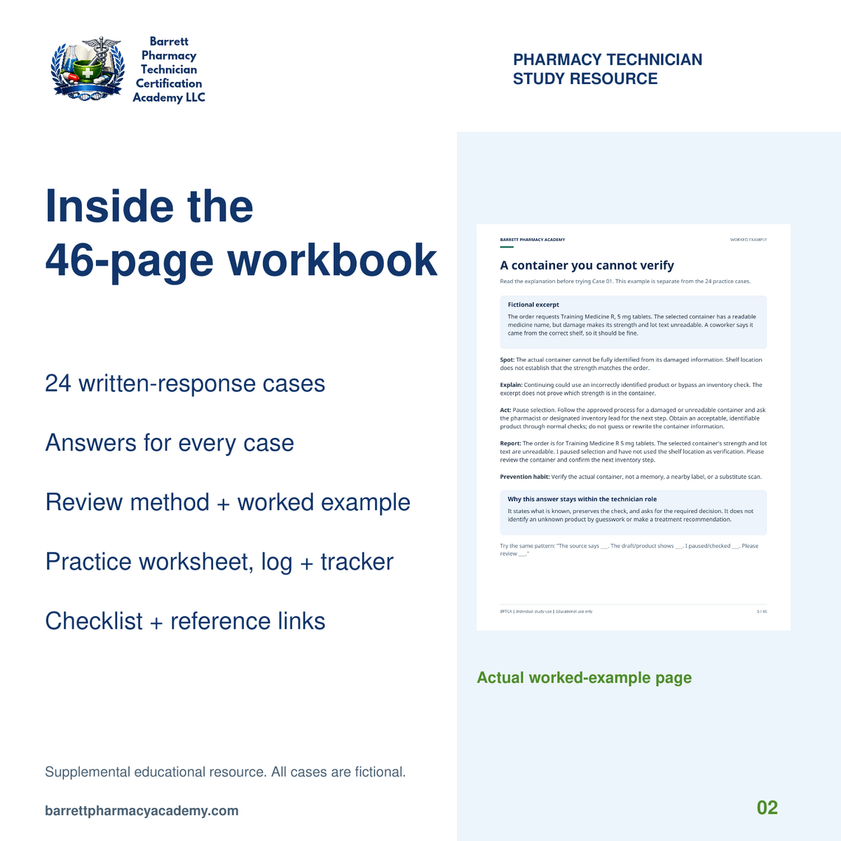 Workbook contents with 24 case worksheets, explained answers, review tools and an actual worked-example page.