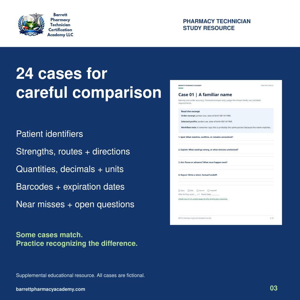 Prescription safety practice topics beside Case 01, a fictional worksheet comparing patient identifiers.
