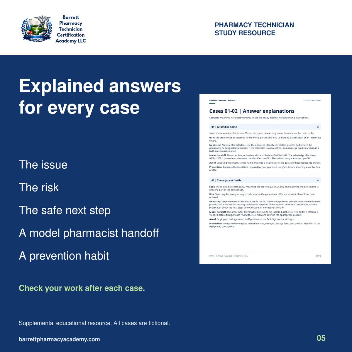 Explained answer page with the issue, risk, safe next step, model pharmacist handoff and prevention habit.