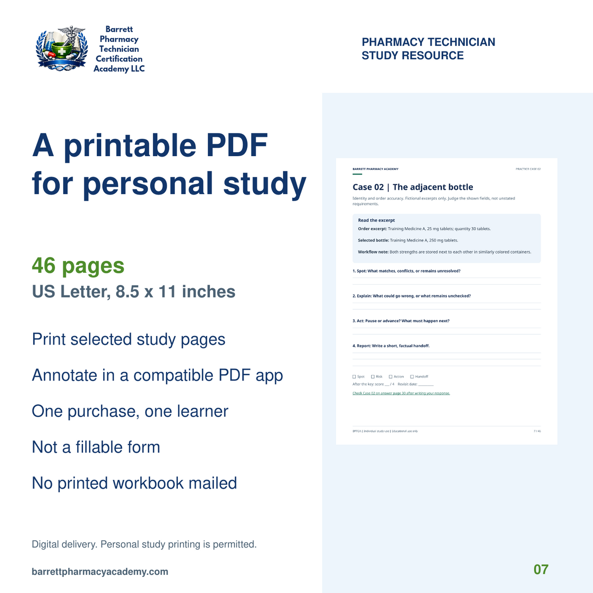 46-page US Letter digital workbook for personal printing or PDF annotation, beside an actual case worksheet.