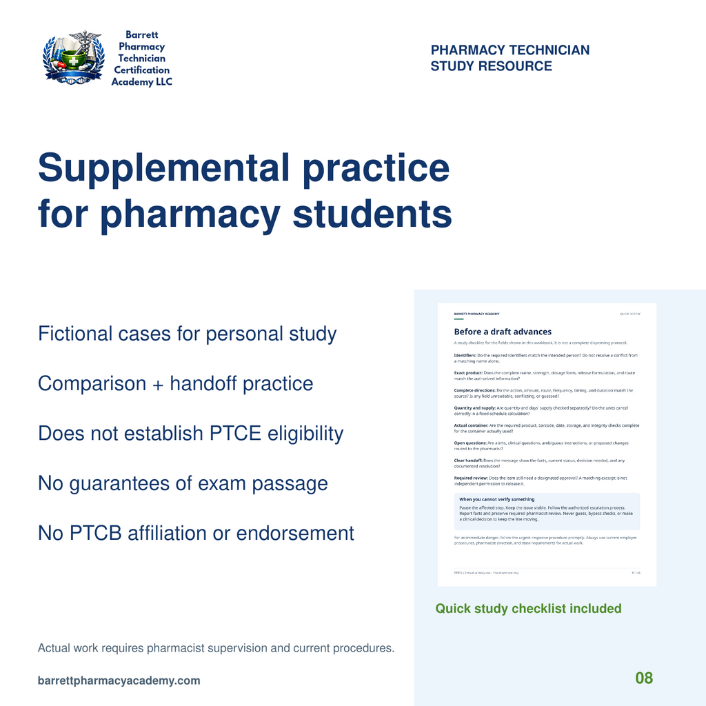 Supplemental pharmacy student practice with a quick study checklist and notices about PTCE eligibility and PTCB affiliation.