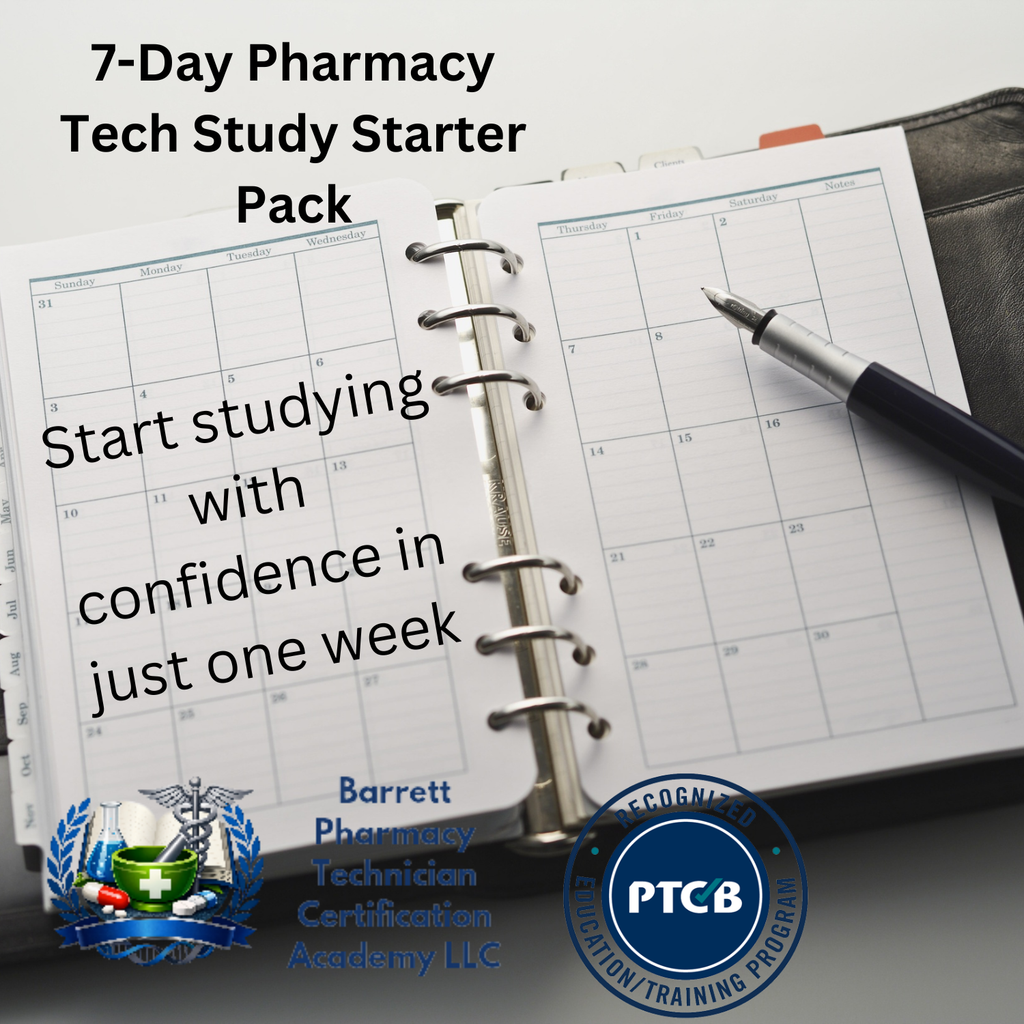 Open planner with a pen on a gray surface, promoting a 7-Day Pharmacy Tech Study Starter Pack.