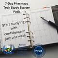 Open planner with a pen on a gray surface, promoting a 7-Day Pharmacy Tech Study Starter Pack.