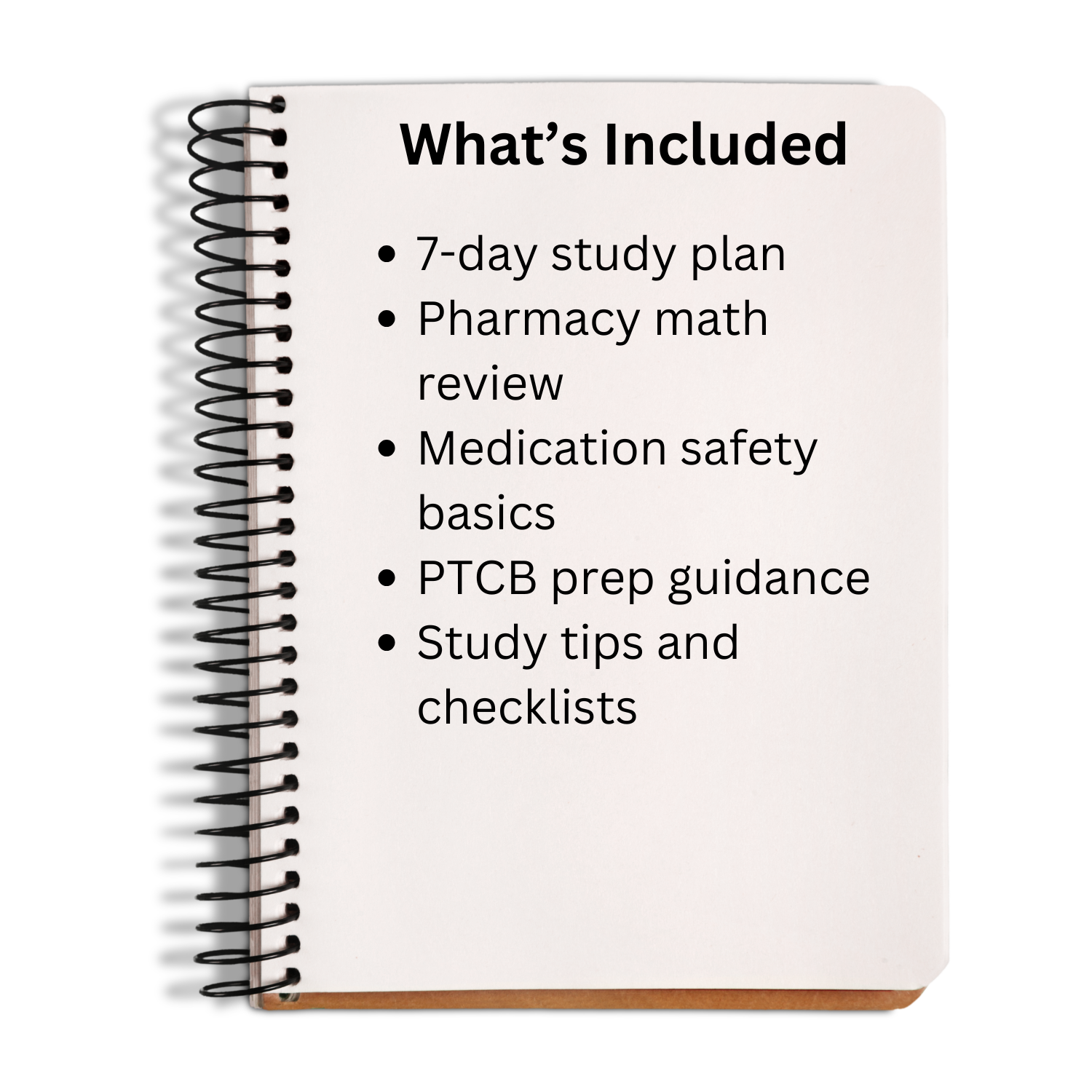 Notebook with a list of study materials on a white background