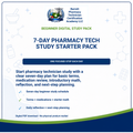 Promotional graphic for a digital study pack titled '7-Day Pharmacy Tech Study Starter Pack' by Barrett Pharmacy Technician Certification Academy LLC. The design has a white background with blue and green text, medical icons, and a navy footer band.