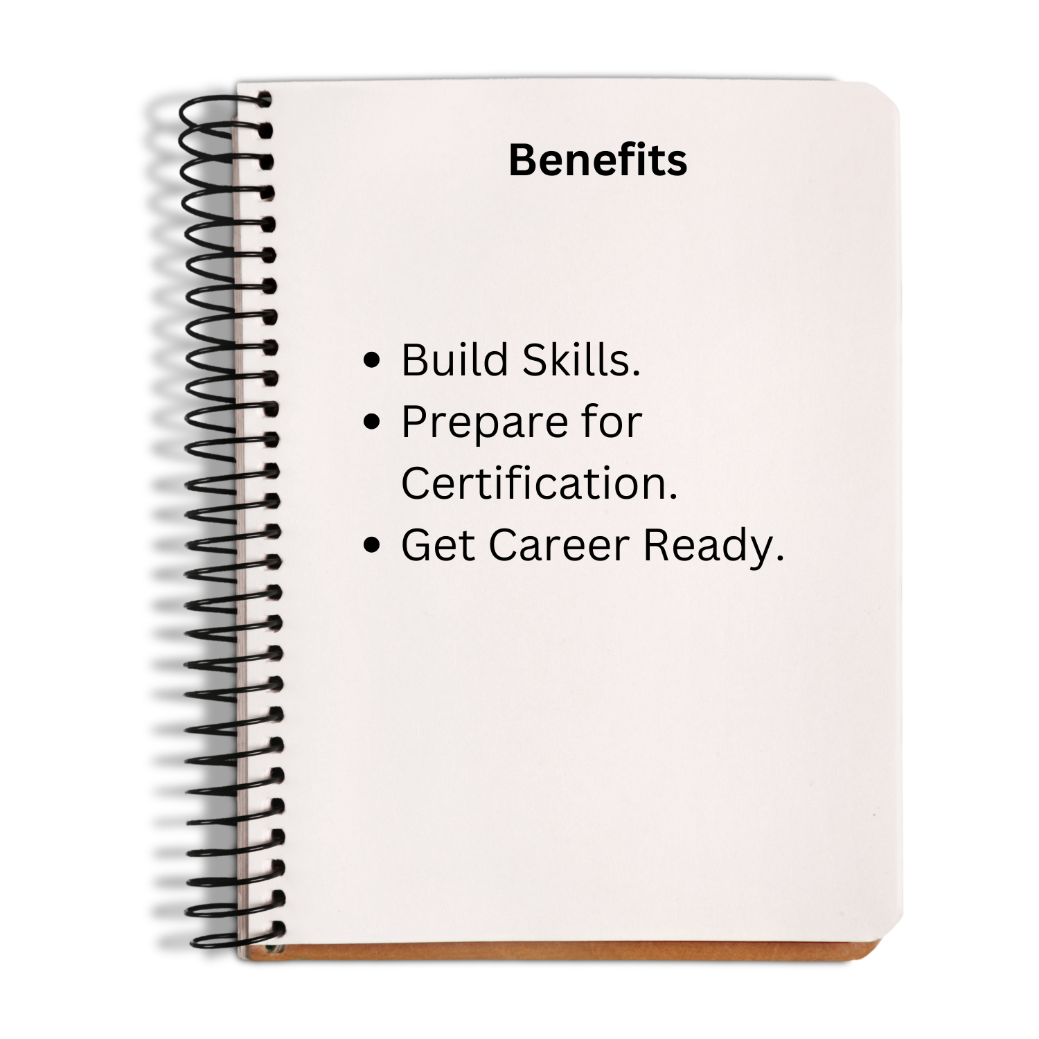 Notebook with text listing benefits of Barrett Pharmacy Technician Certification Academy on a white background