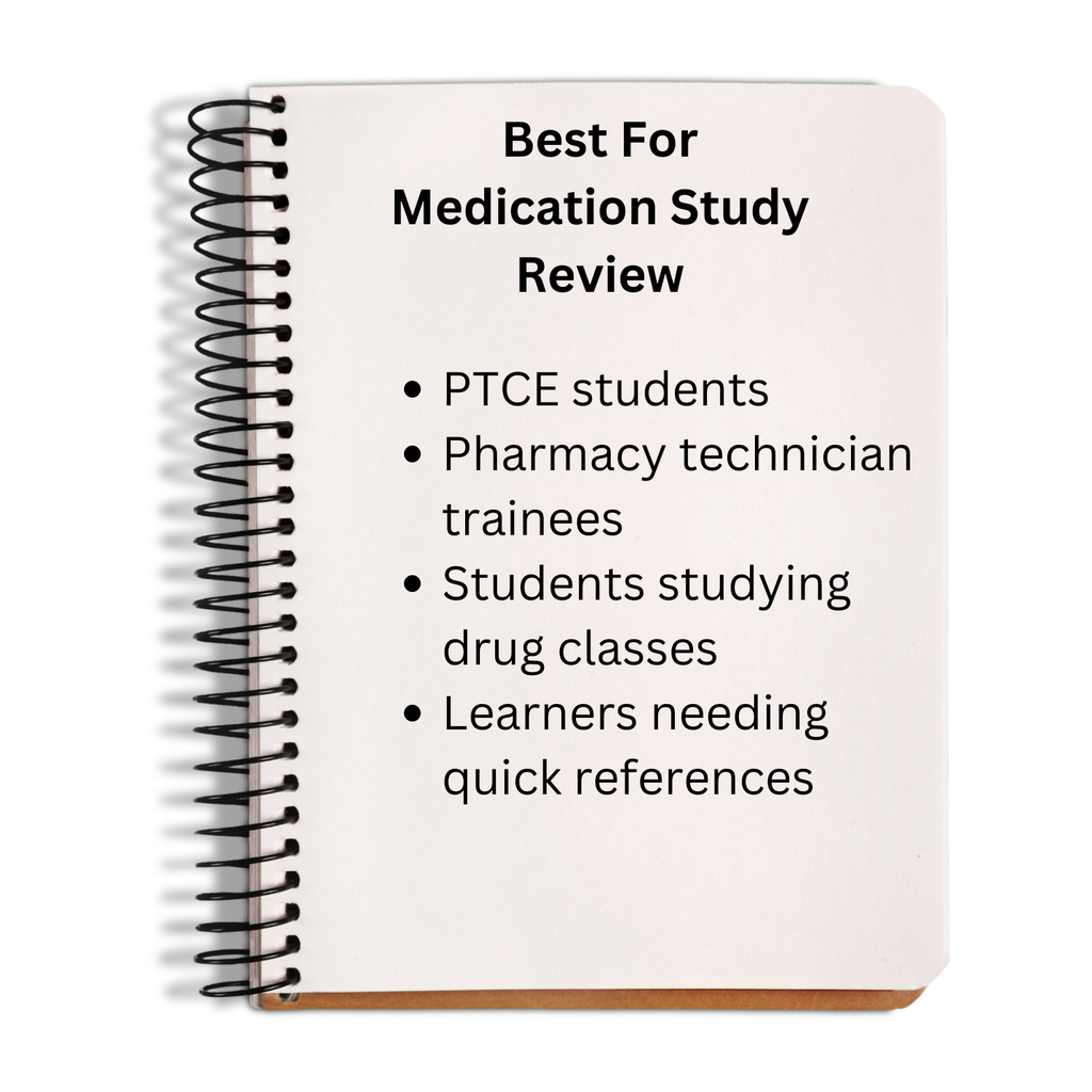 Notebook titled 'Best For Medication Study Review' with text targeting specific audiences on a white background.
