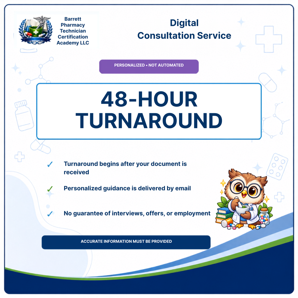 A digital informational graphic for Barrett Pharmacy Technician Certification Academy LLC advertising a '48-HOUR TURNAROUND' personalized digital consultation service. The graphic features a clean white background with blue and purple text, light blue medical-themed icons, a cartoon owl character, and the company logo at the top left.