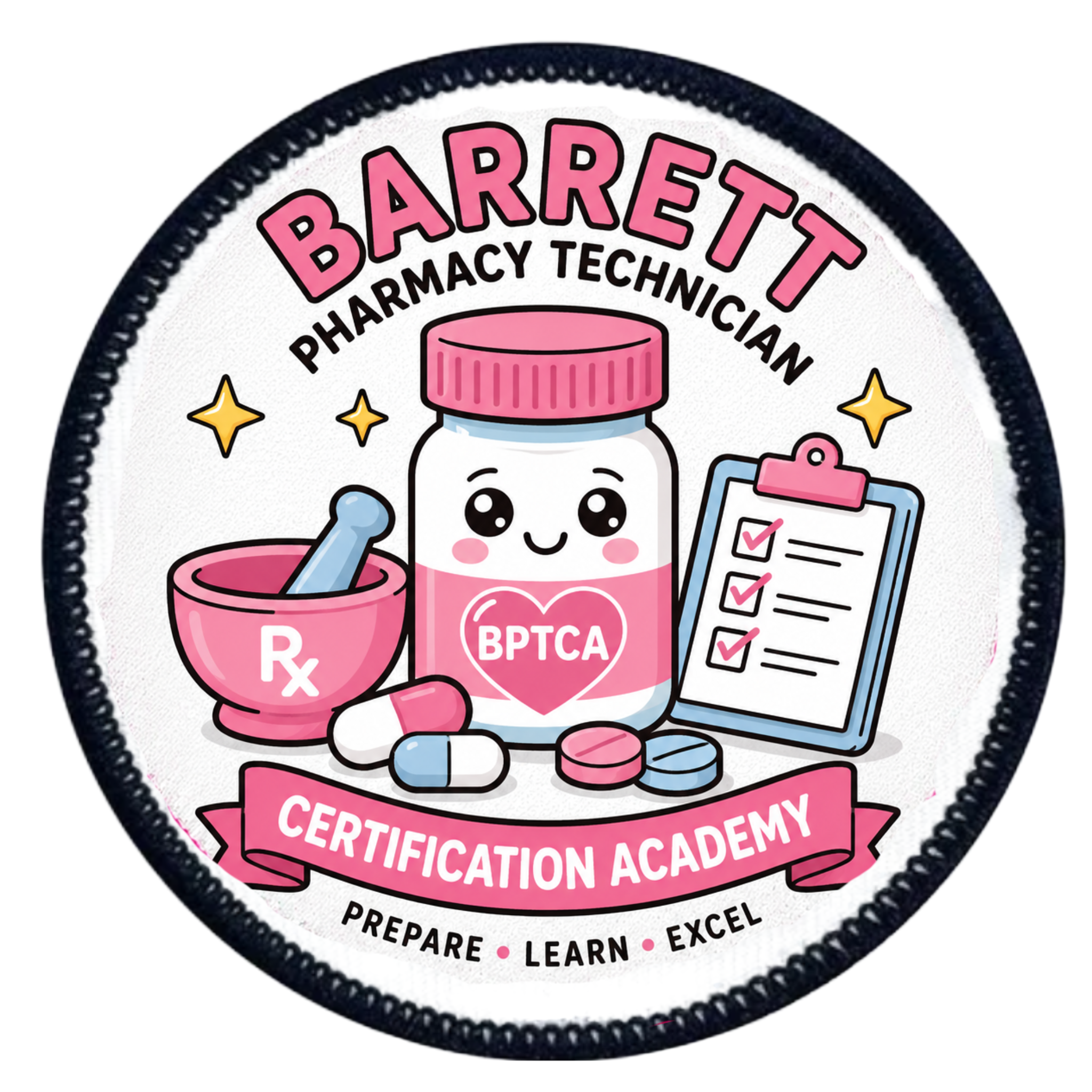 Circular patch with cartoon pharmacy-themed design and text about Barrett Pharmacy Technician Certification Academy.
