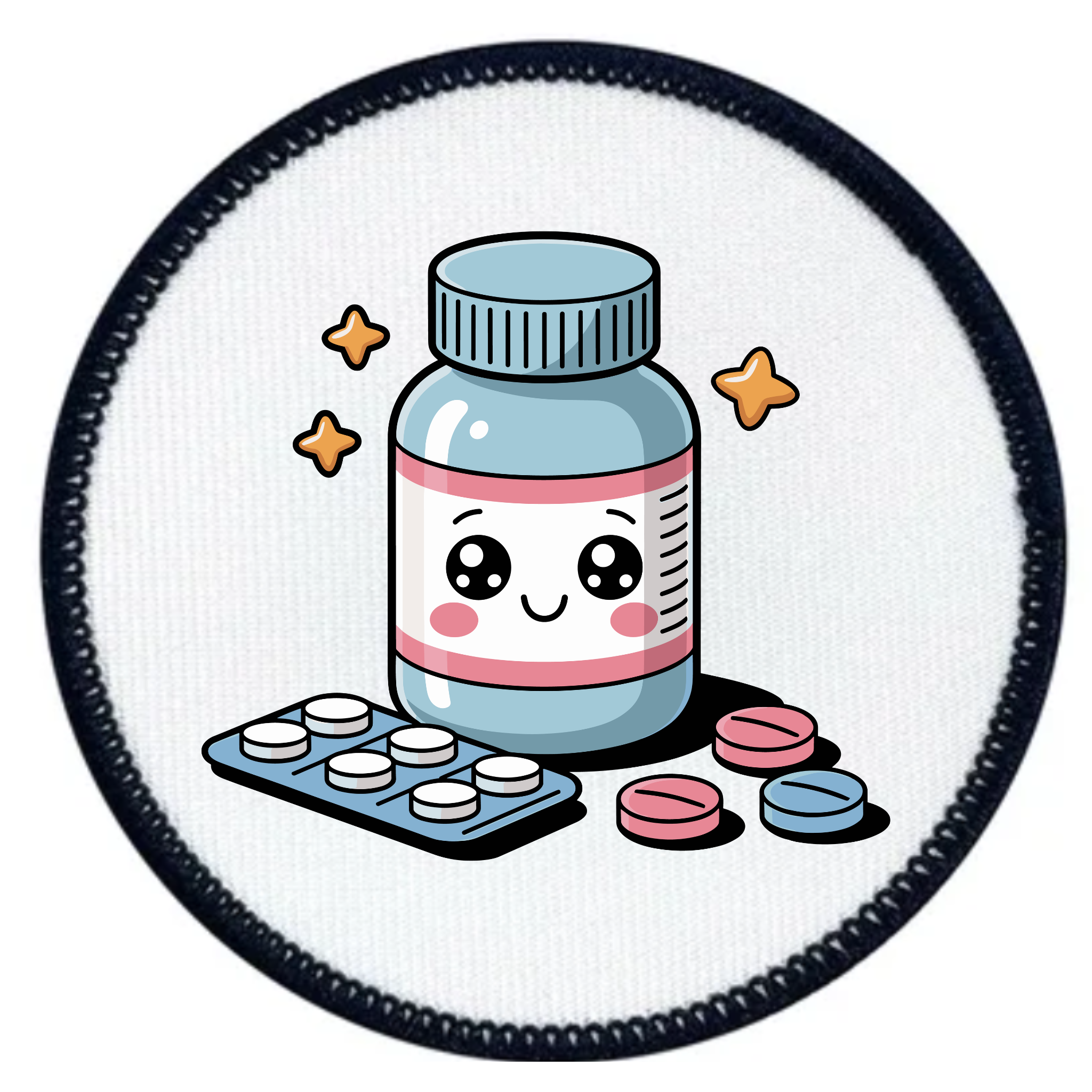 Circular patch with a cartoon bottle of medicine and pills on a white background