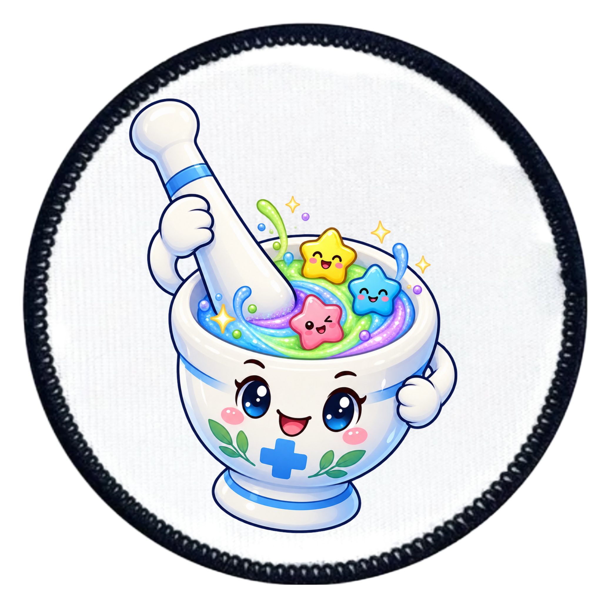 A circular patch featuring a cute cartoon illustration of a smiling white mortar and pestle filled with colorful star-shaped candies and pastel swirls, set against a white background with a black stitched border.