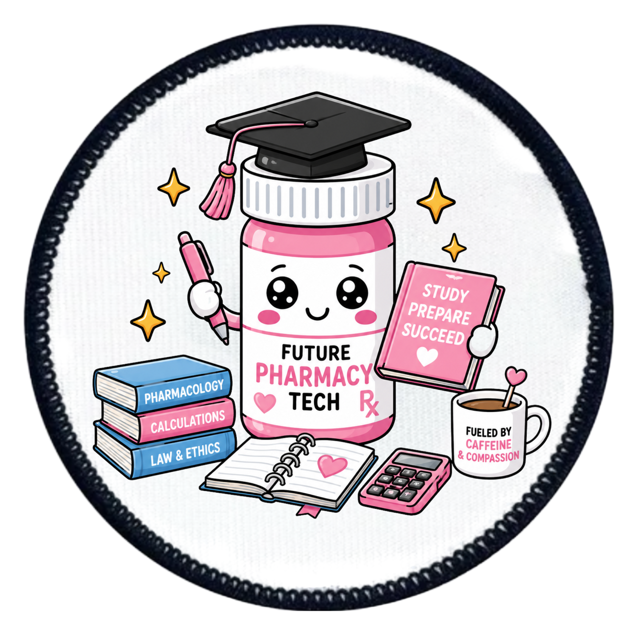 Circular design with a pink pill bottle character wearing a graduation cap, surrounded by educational items.