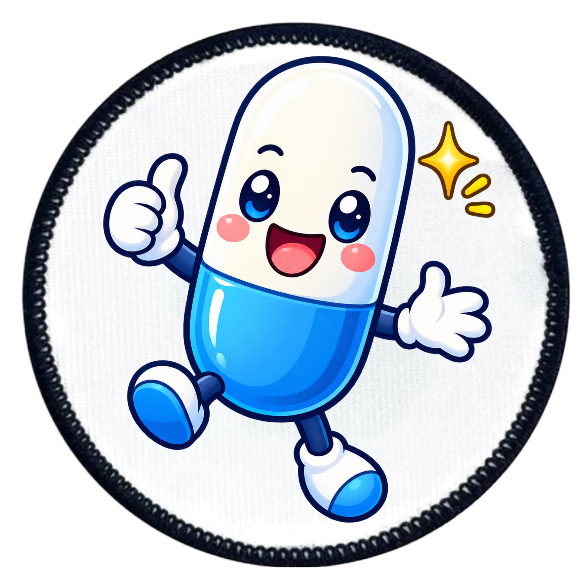 A circular embroidered patch featuring a cute, cartoon-style blue and white capsule character with a smiling face, waving hands, and giving a thumbs-up, set against a white background with a black stitched border.