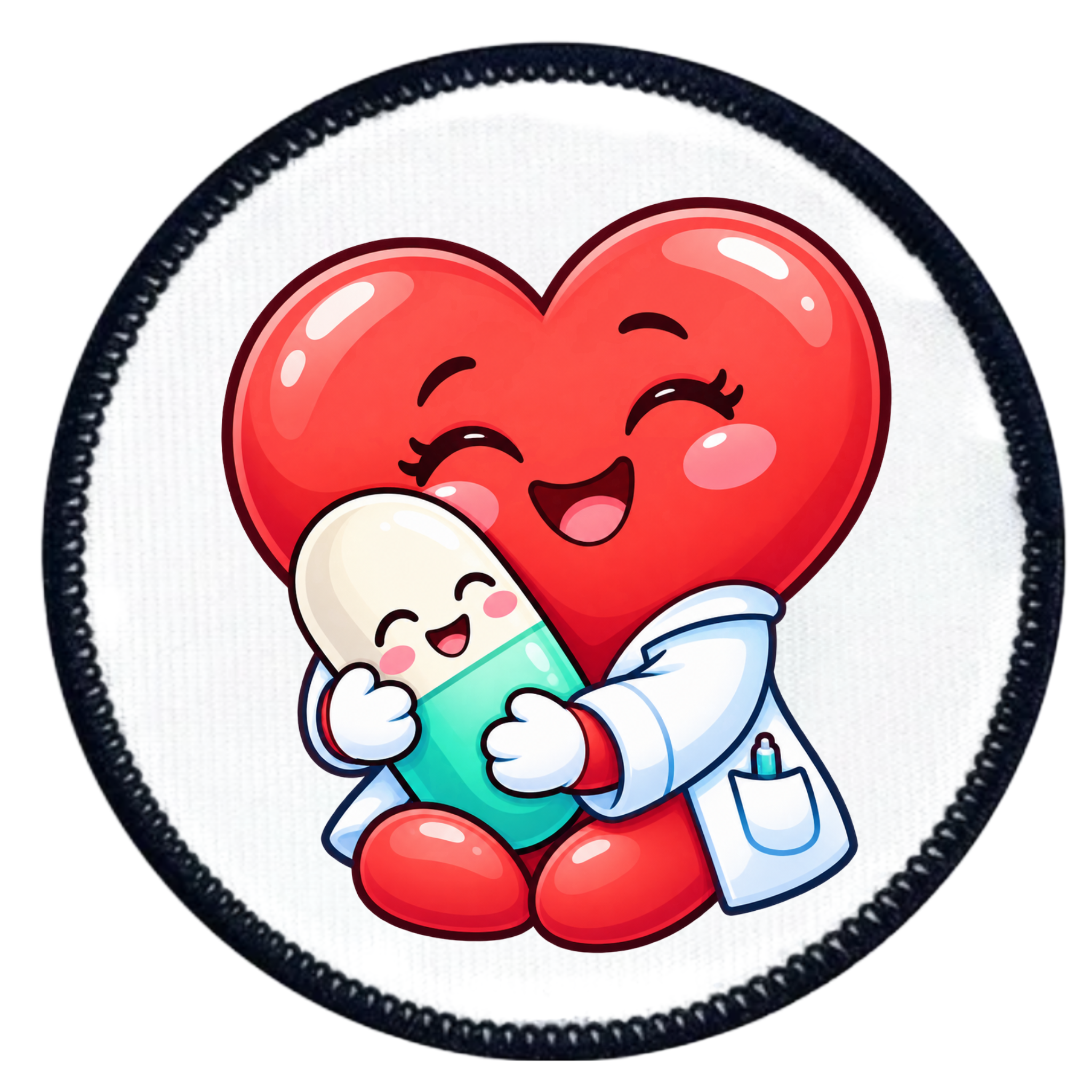A circular patch featuring a cute cartoon illustration of a red heart hugging a smiling capsule pill, with a white coat and black stitched border on a white background.