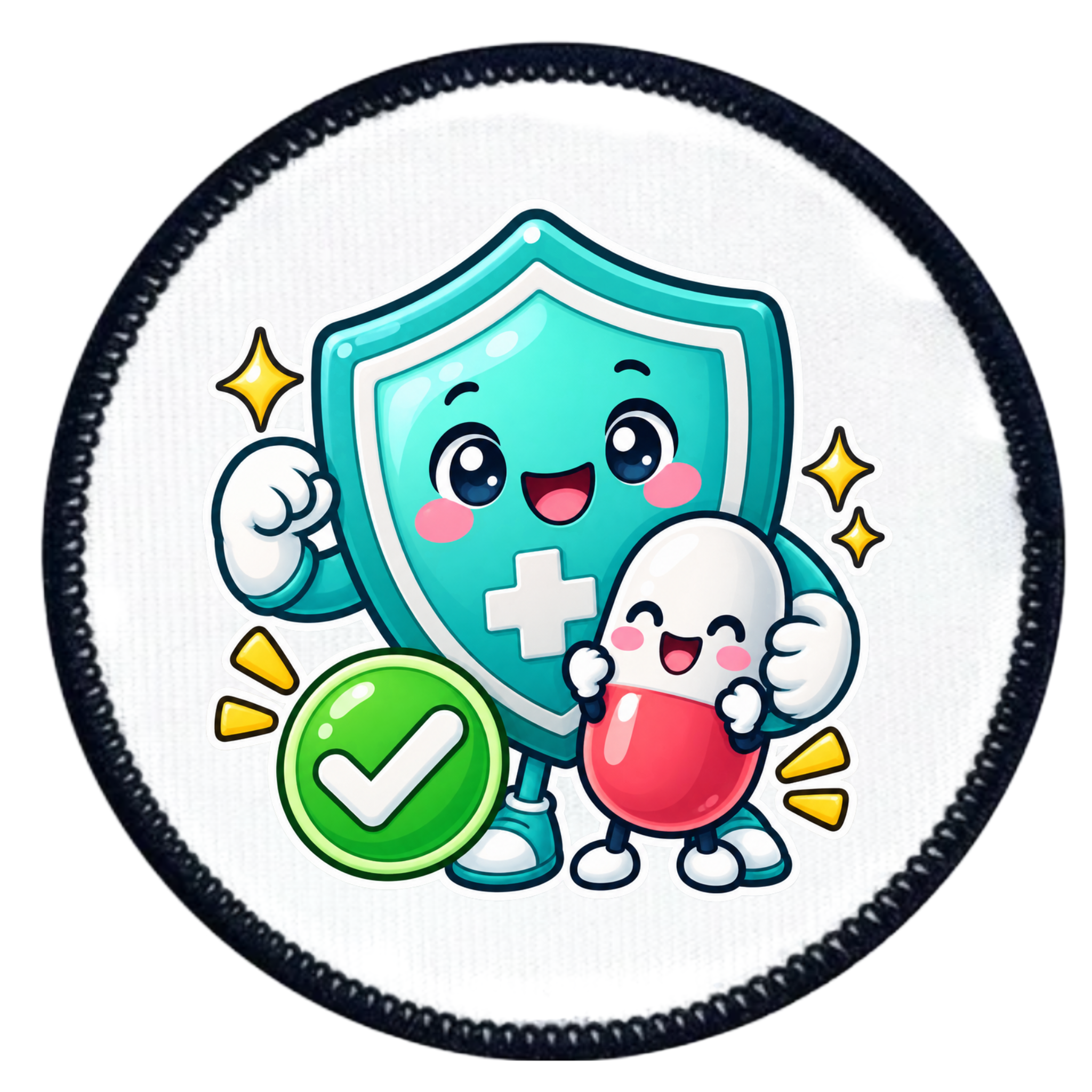 A round patch or badge with a black stitched border, featuring a cartoon illustration of a teal shield character with a white cross, a small white character, a red pill, and a green checkmark on a white background.