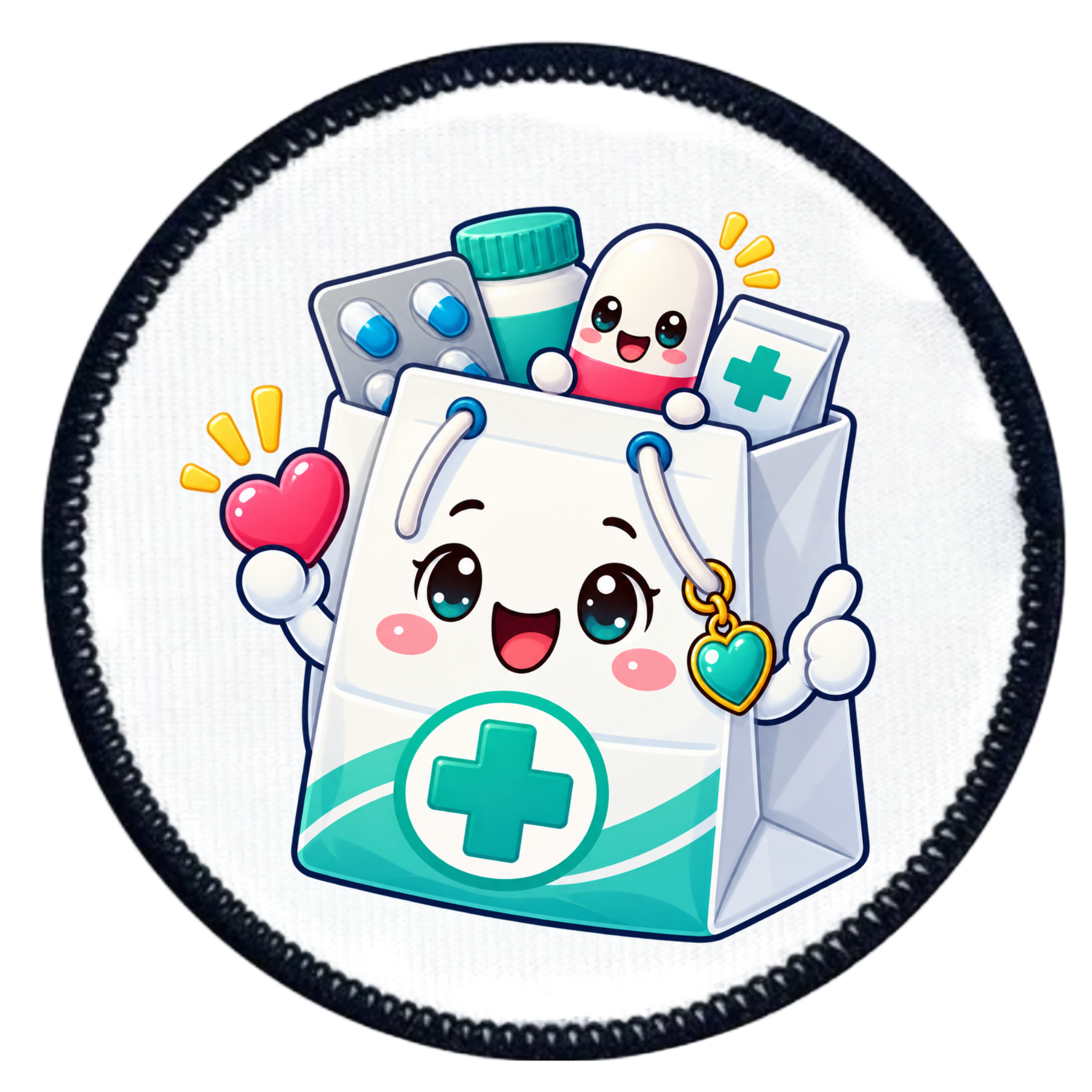 A circular patch featuring a cute cartoon illustration of a white medical supply bag with a smiling face, a green cross emblem, and various colorful medical items peeking out, set against a white background with a black stitched border.