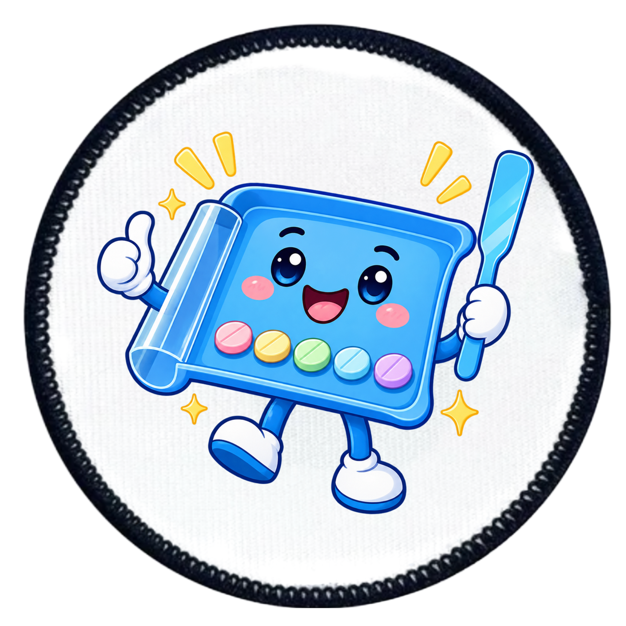 A circular embroidered patch featuring a cute, cartoon-style blue character with a tray-like body, colorful round accents, and arms, shown on a white background with a black stitched border.