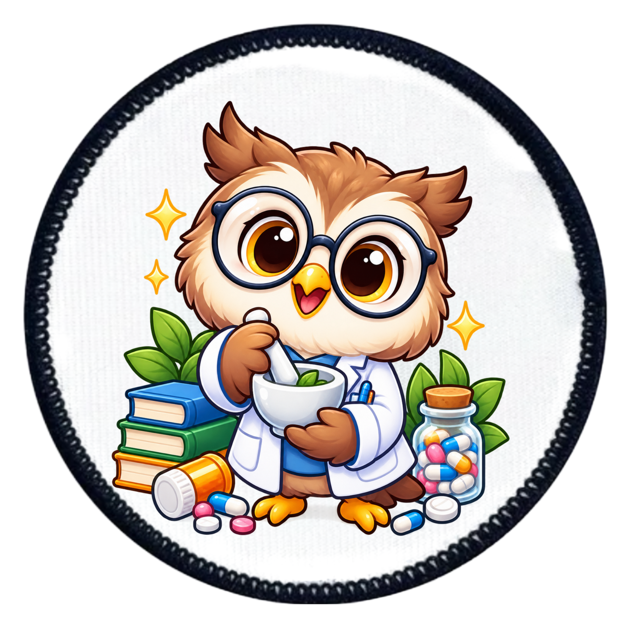 A circular embroidered patch featuring a cute cartoon owl dressed as a pharmacist, wearing round glasses and a white lab coat while holding a mortar and pestle. The owl is surrounded by books, leaves, a jar of colorful pills, and scattered medicine bottles on a white background with a black stitched border.