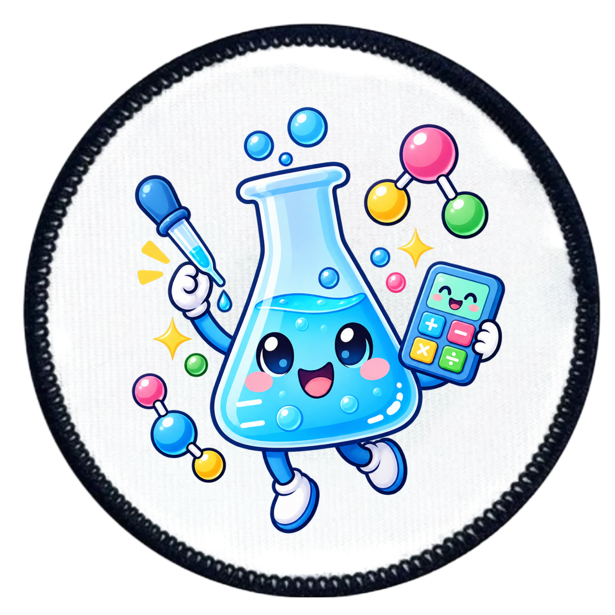 A circular embroidered patch featuring a cute cartoon lab flask character with blue liquid, holding a dropper and calculator, surrounded by colorful molecular models and stars on a white background with a black stitched border.