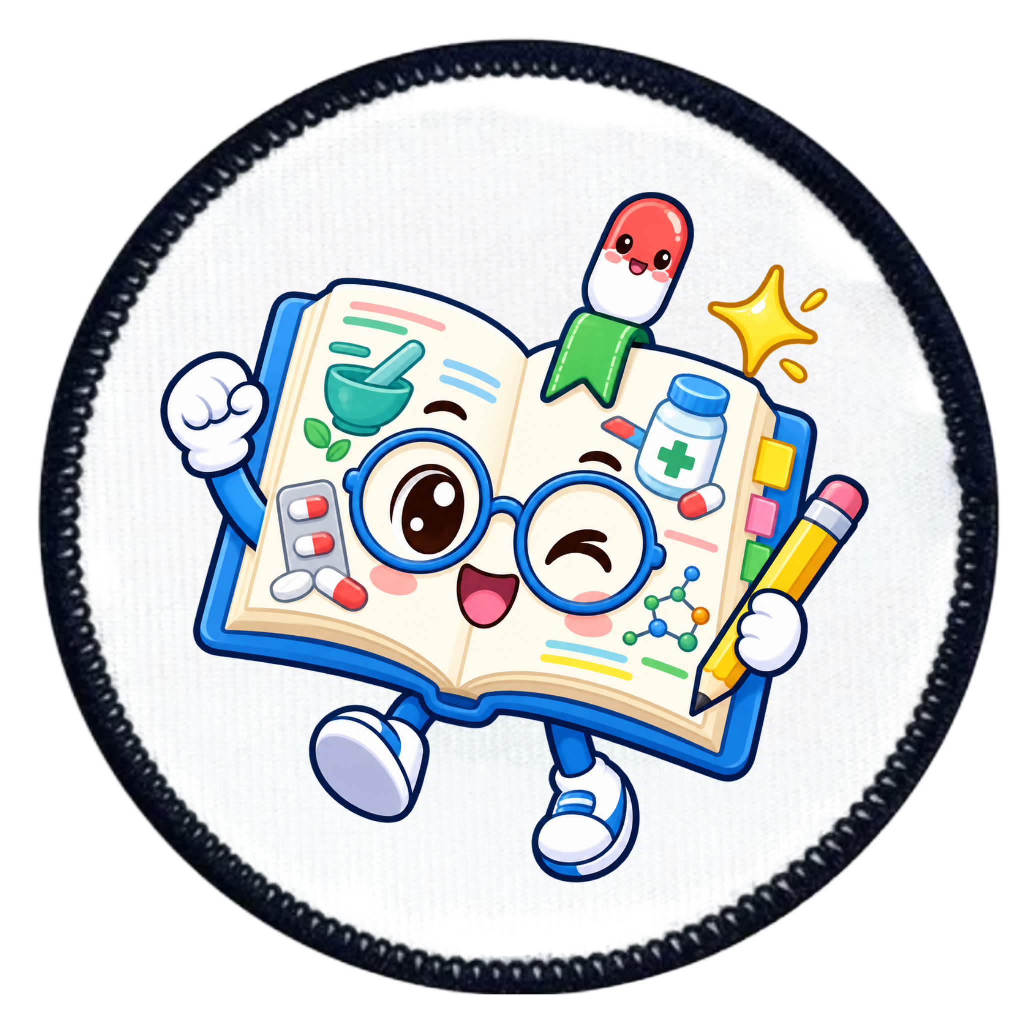 A circular patch featuring a cartoon open book character with glasses, a green ribbon bookmark, a red-and-white pill, a star, and medical-themed illustrations on a white background with a black stitched border.