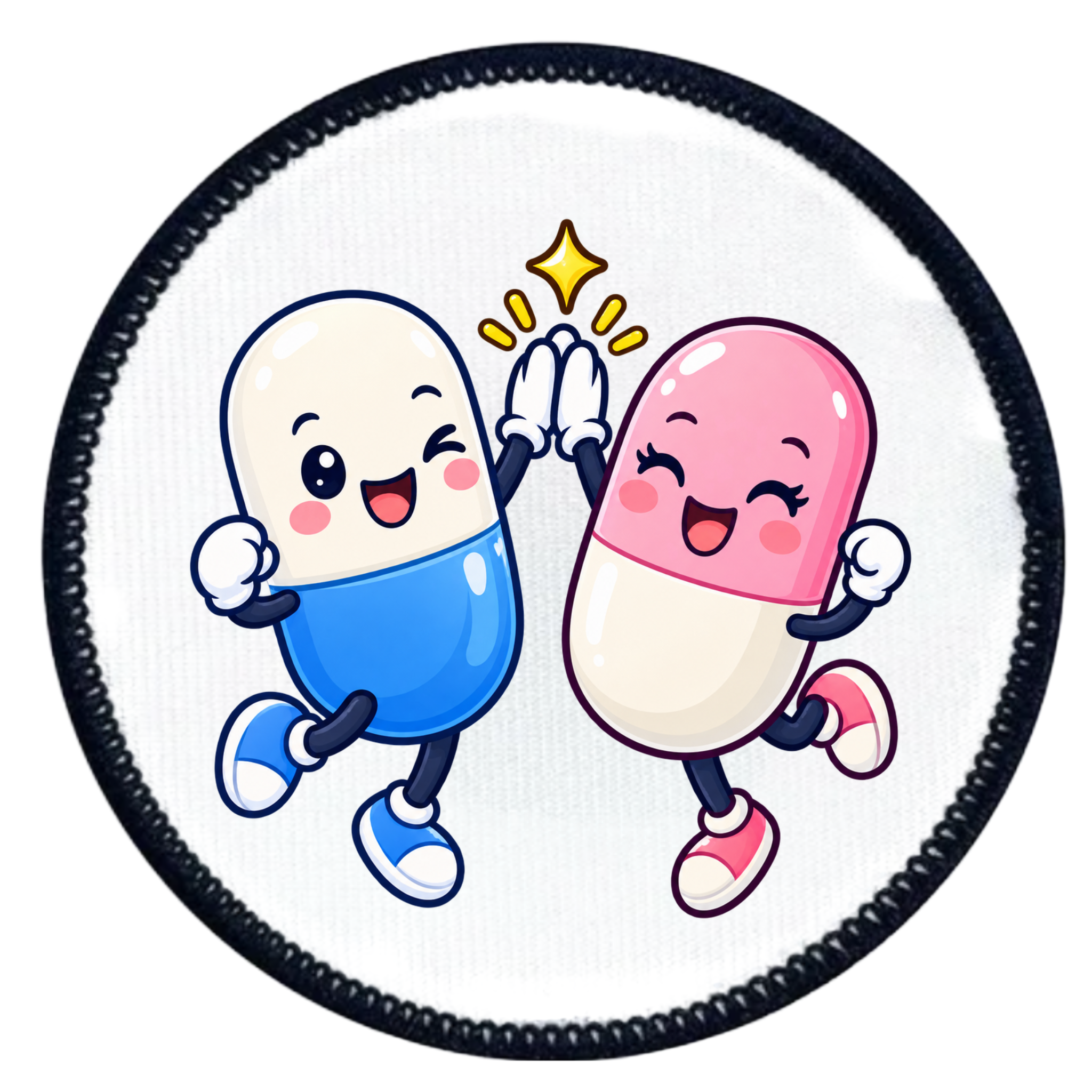 A circular patch featuring two cute, smiling cartoon capsules high-fiving. One capsule is blue and white, and the other is pink and white, set against a white background with a black stitched border.