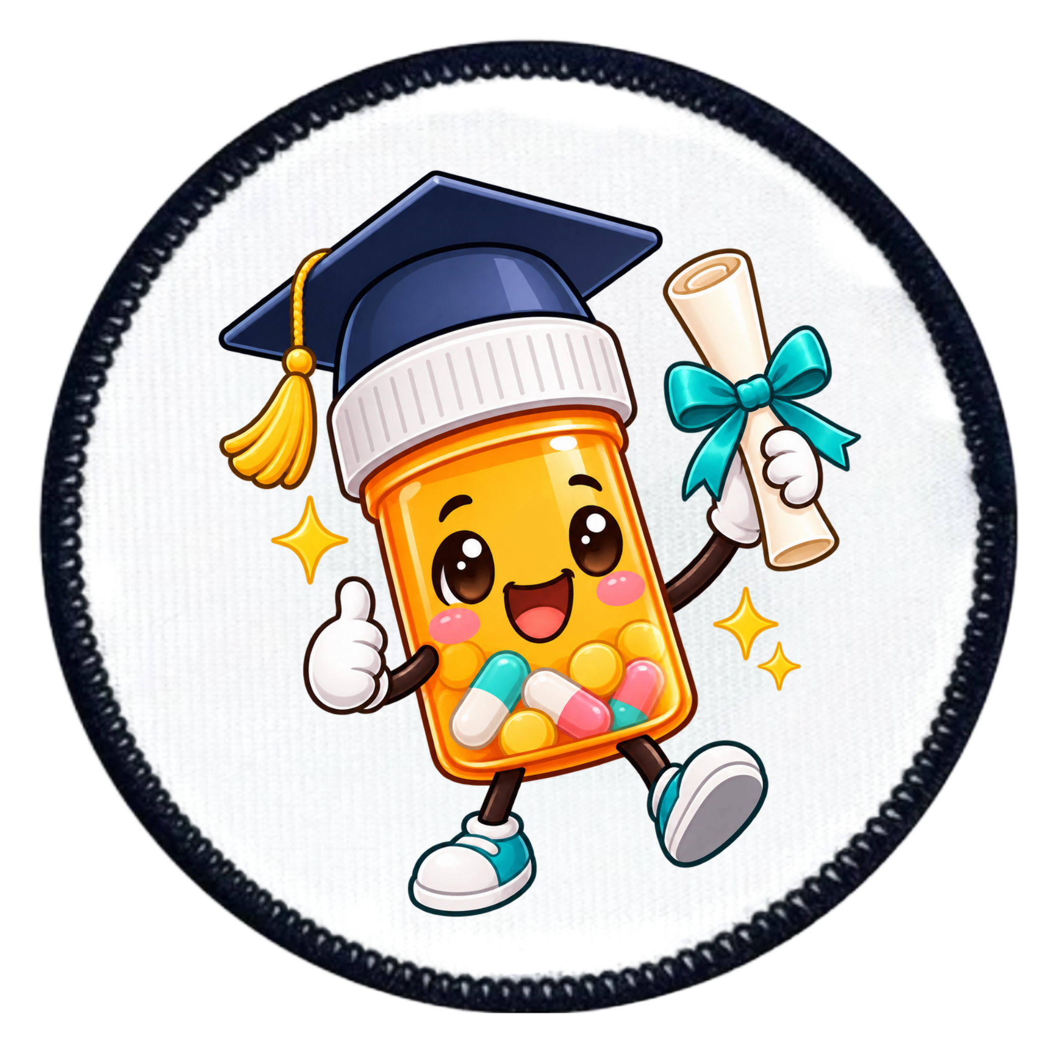 A circular patch or sticker featuring a cartoon medicine bottle character wearing a graduation cap and holding a diploma, with colorful capsules inside, on a white background with a black stitched border.