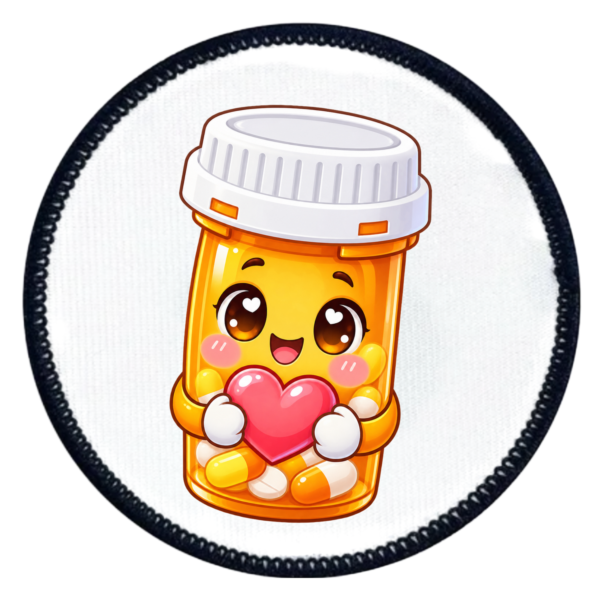 A circular patch featuring a cute, smiling cartoon pill bottle character holding a pink heart. The bottle is yellow-orange with a white cap and contains colorful capsules, set against a white background with a black stitched border.