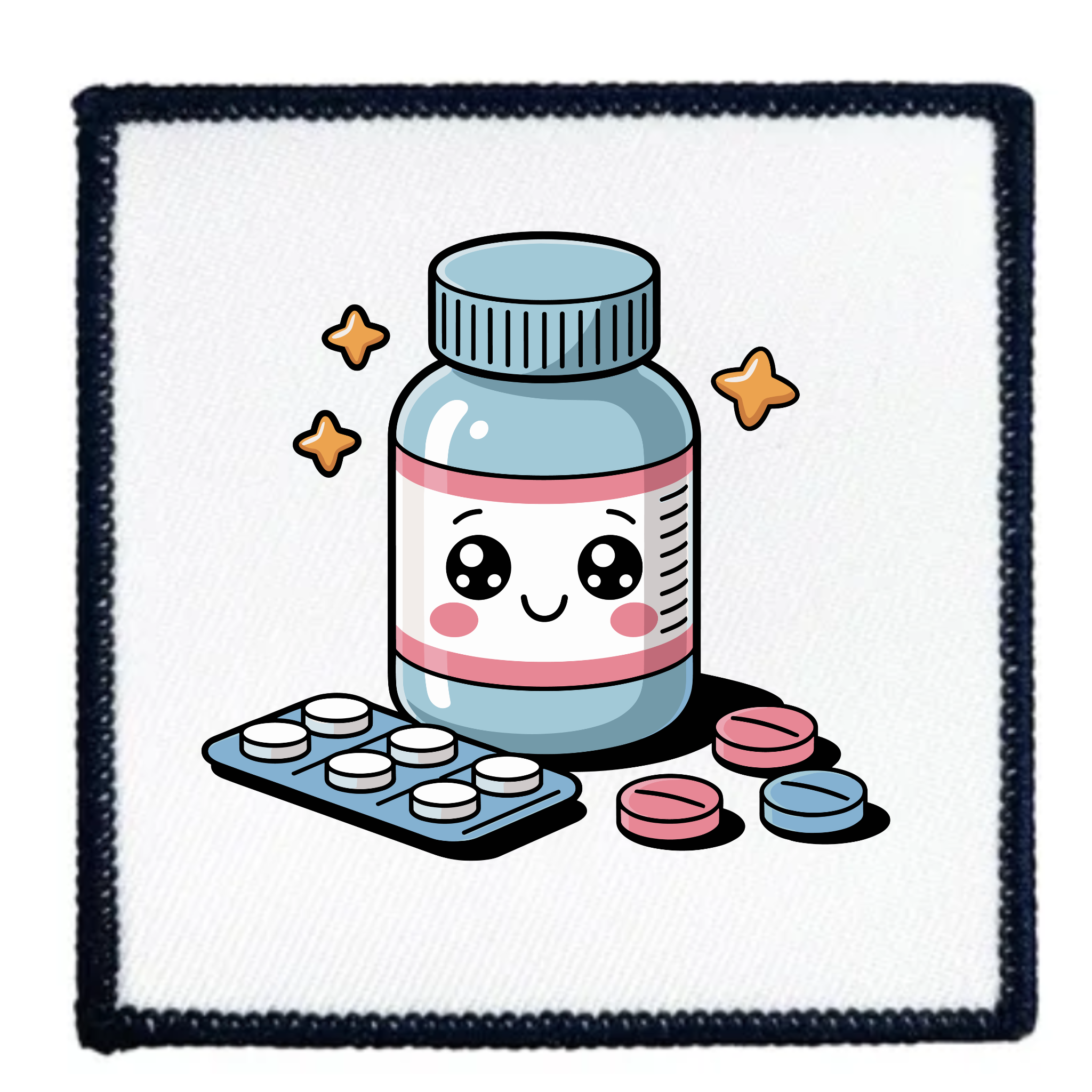 Cute cartoon-style pill bottle with colorful pills on a white background