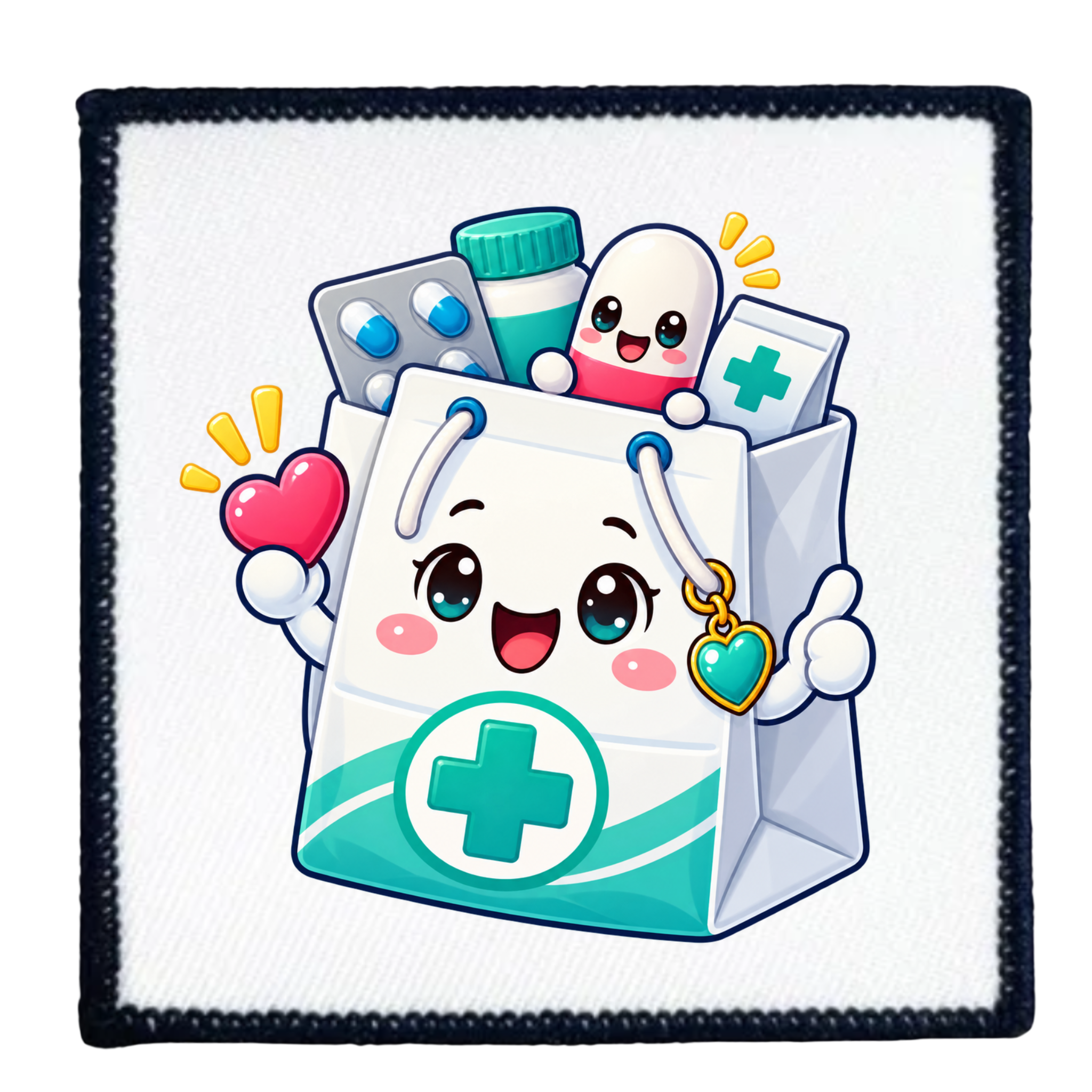 A square patch or sticker featuring a cute cartoon medical bag with a smiling face, holding a pink heart, blister pack, pill bottle, and small character, on a white background with a black stitched border.