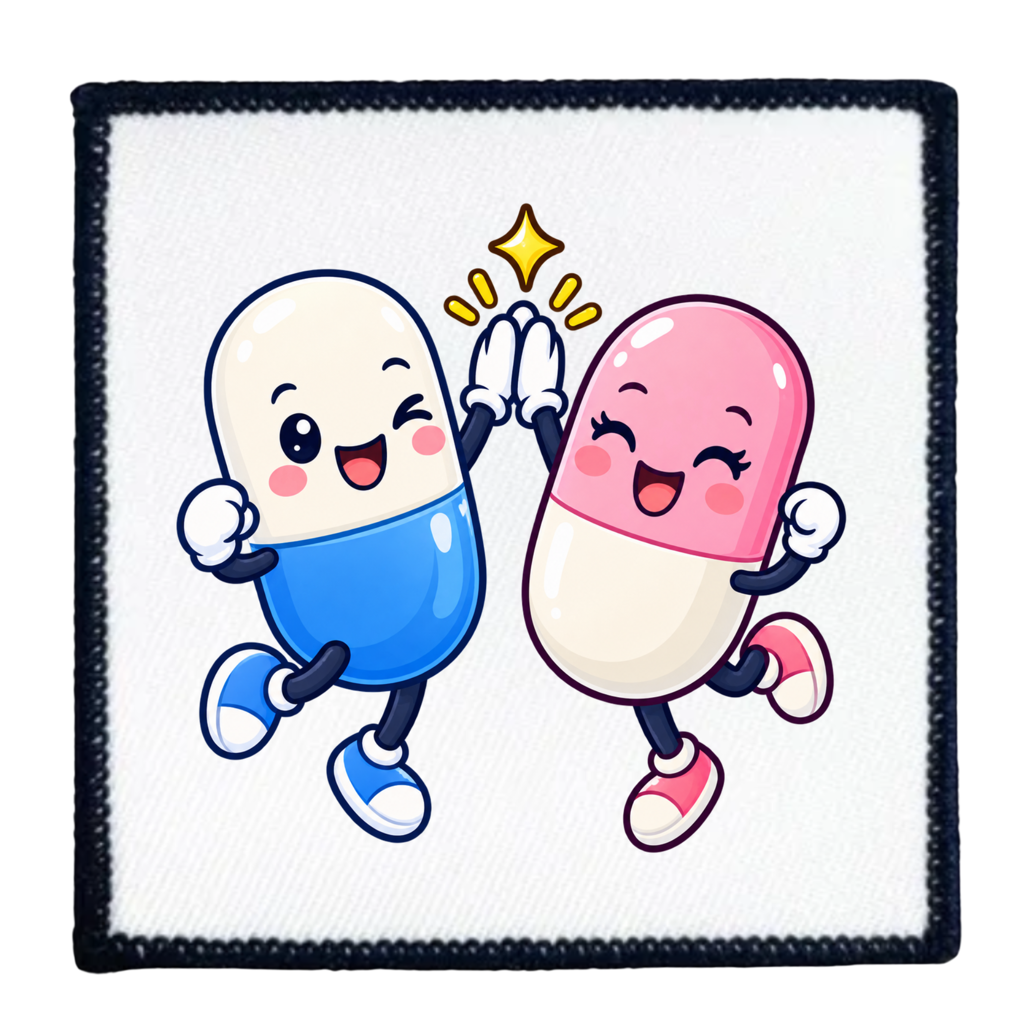 A square embroidered patch featuring two cartoon capsules jumping and high-fiving. One capsule is blue and white, and the other is pink and white, with a small yellow star above their hands.