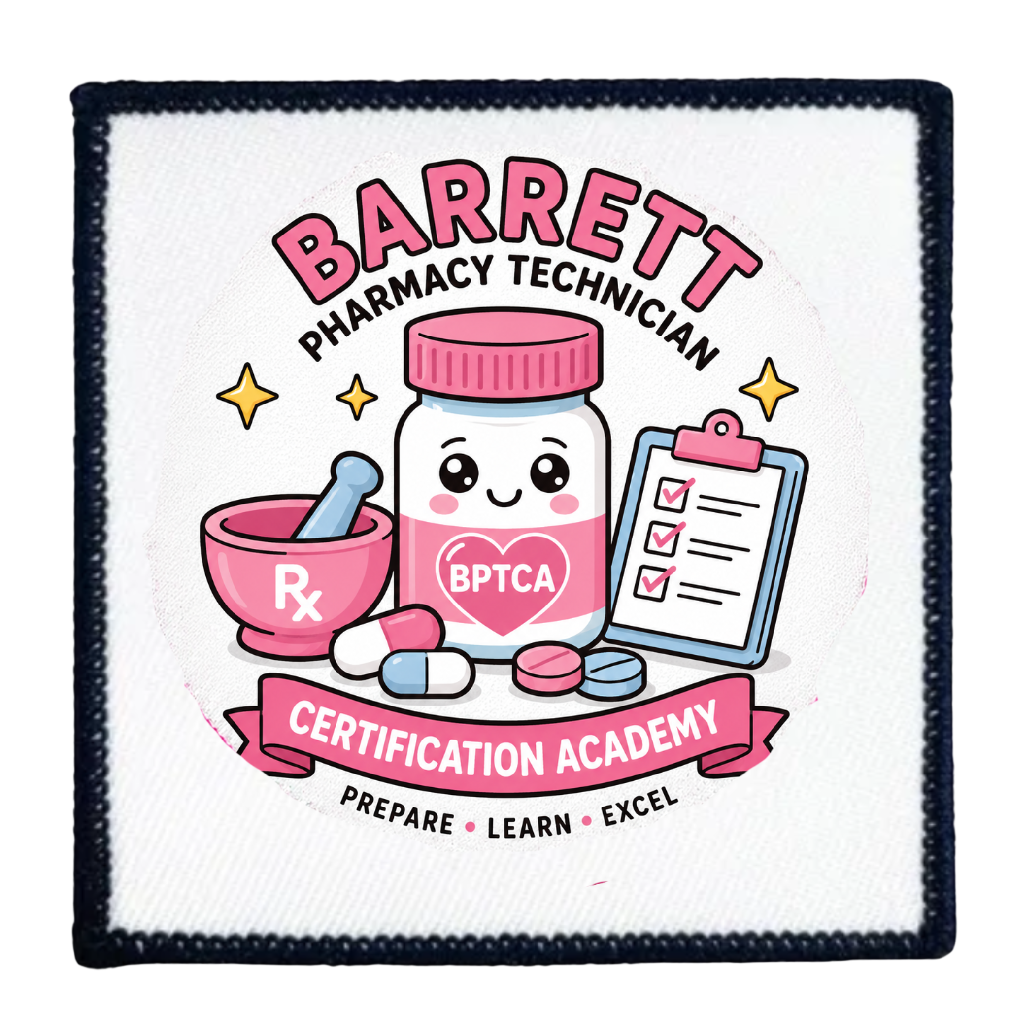 Patch with cartoon pharmacy-themed design and text about Barrett Pharmacy Technician Certification Academy.