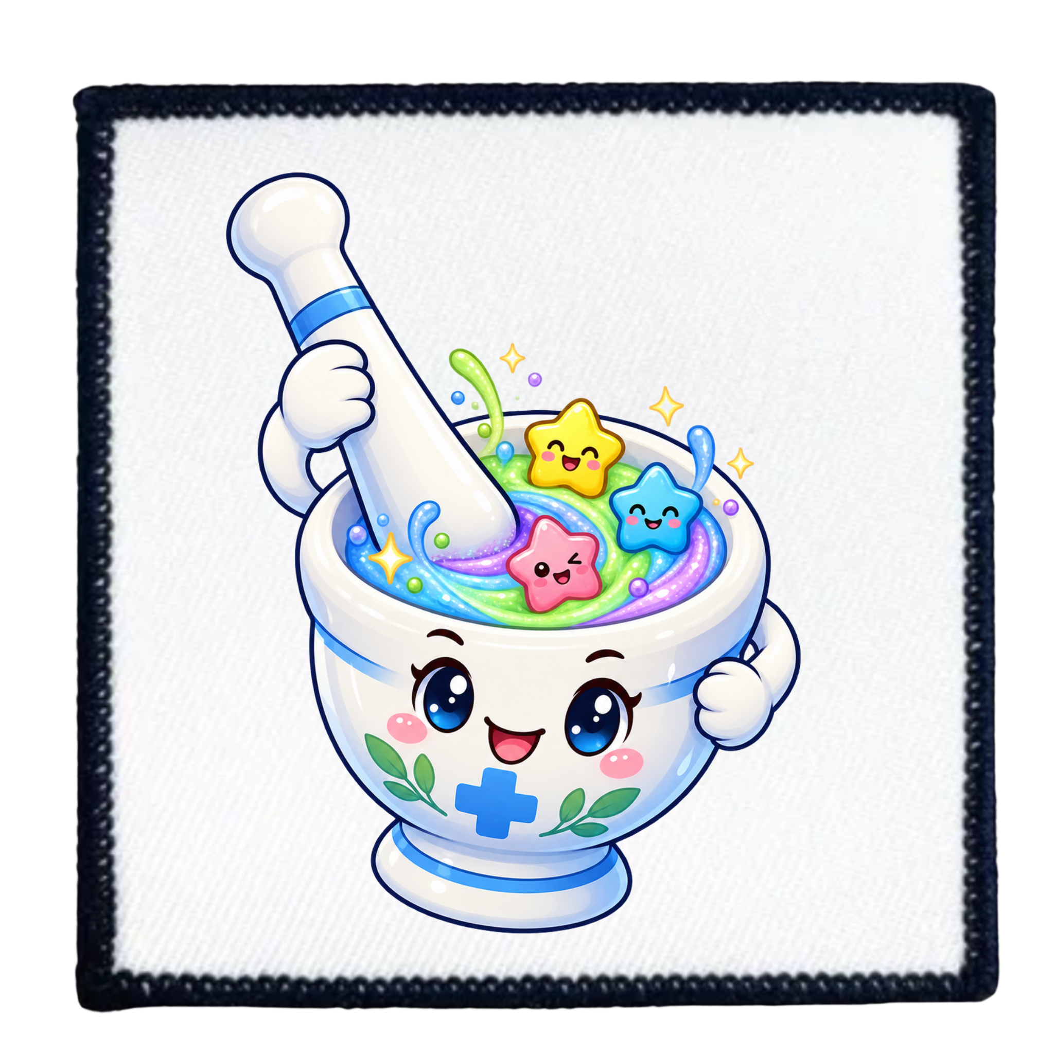 A square patch featuring a cute cartoon illustration of a smiling white mortar and pestle filled with colorful pastel potion and star-shaped candies, set against a white background with a black stitched border.