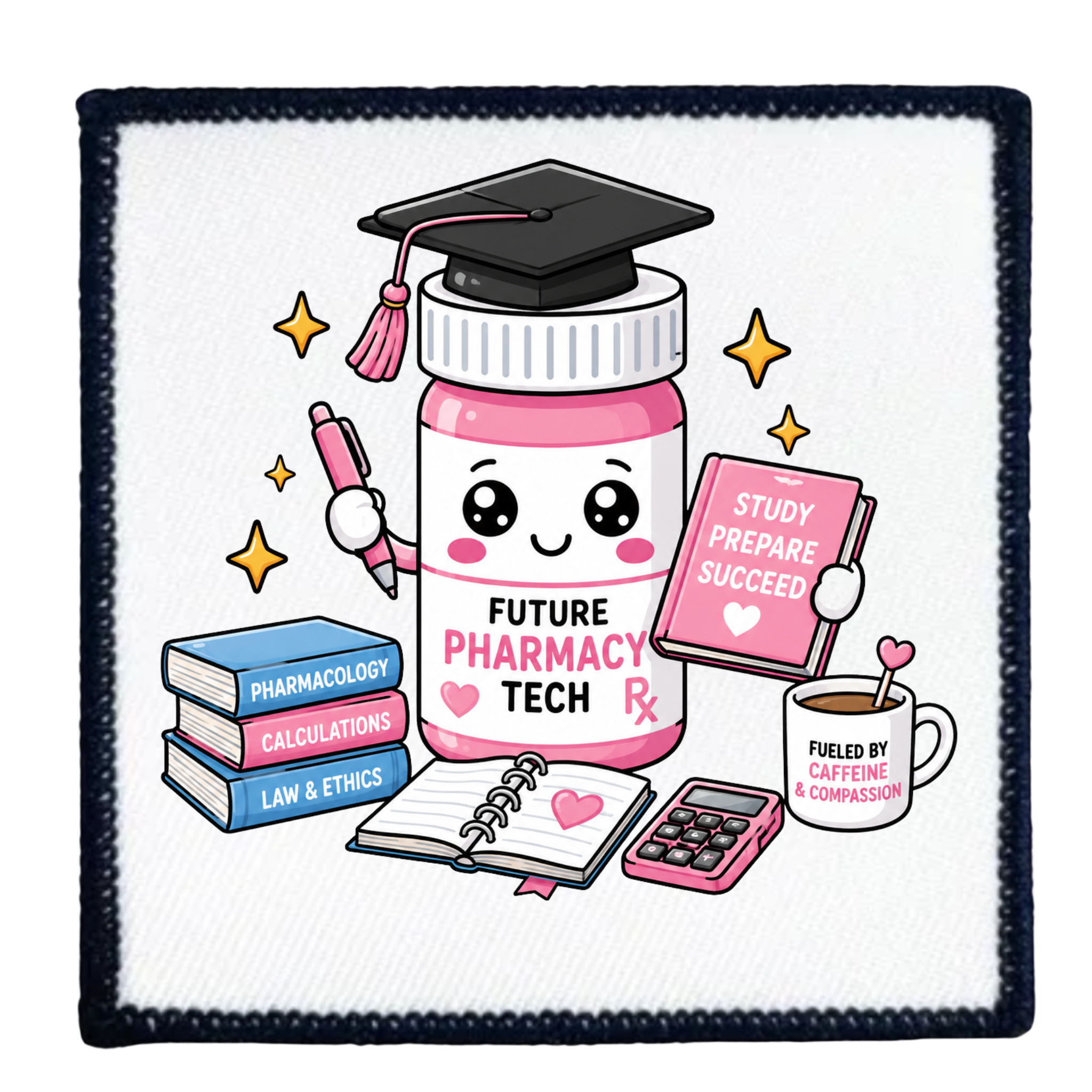 Patch with a cartoon pharmacy bottle character holding a graduation cap, books, and a coffee cup on a white background.