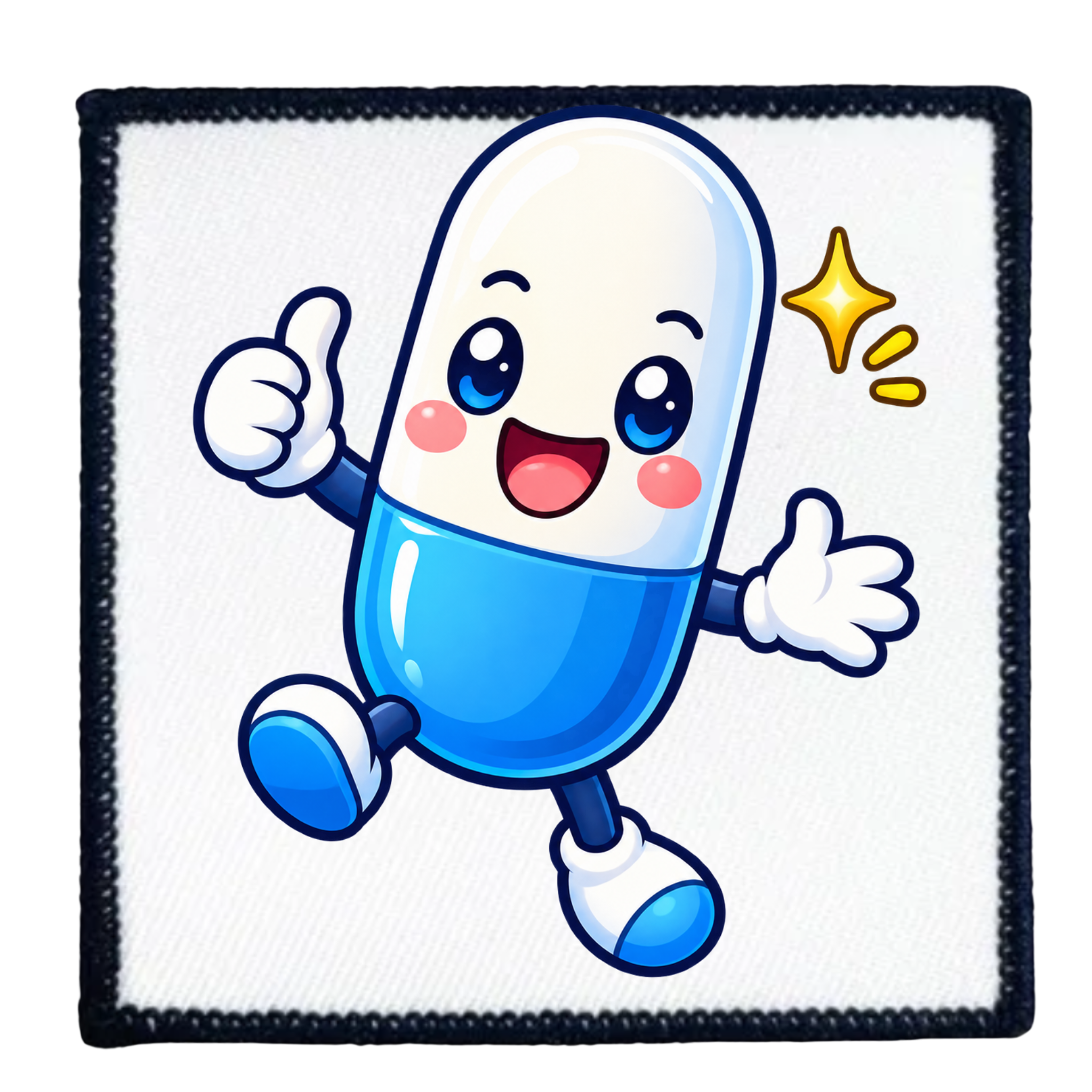 A square embroidered patch featuring a cute, cartoon-style blue and white capsule character with arms, legs, and a thumbs-up gesture, set against a white background with a black stitched border.