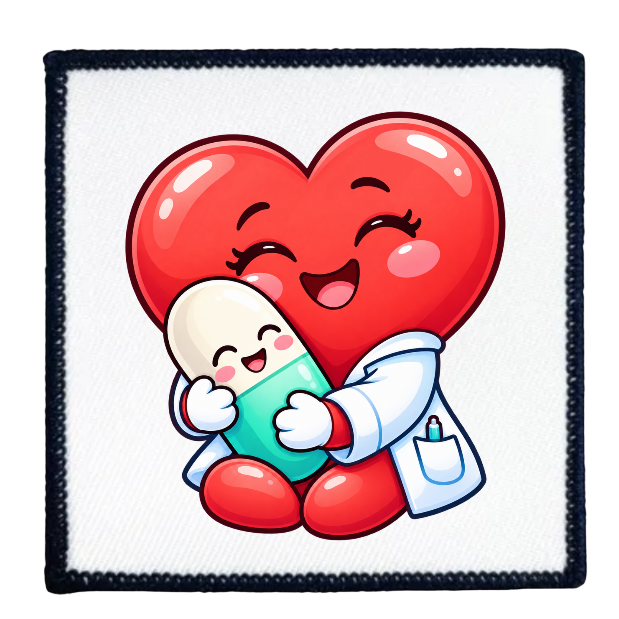A square white patch with a black stitched border, featuring a cartoon illustration of a red heart doctor hugging a green and white pill capsule. The heart has closed eyes with smiling cheeks, and the doctor wears a white coat with a small pocket.