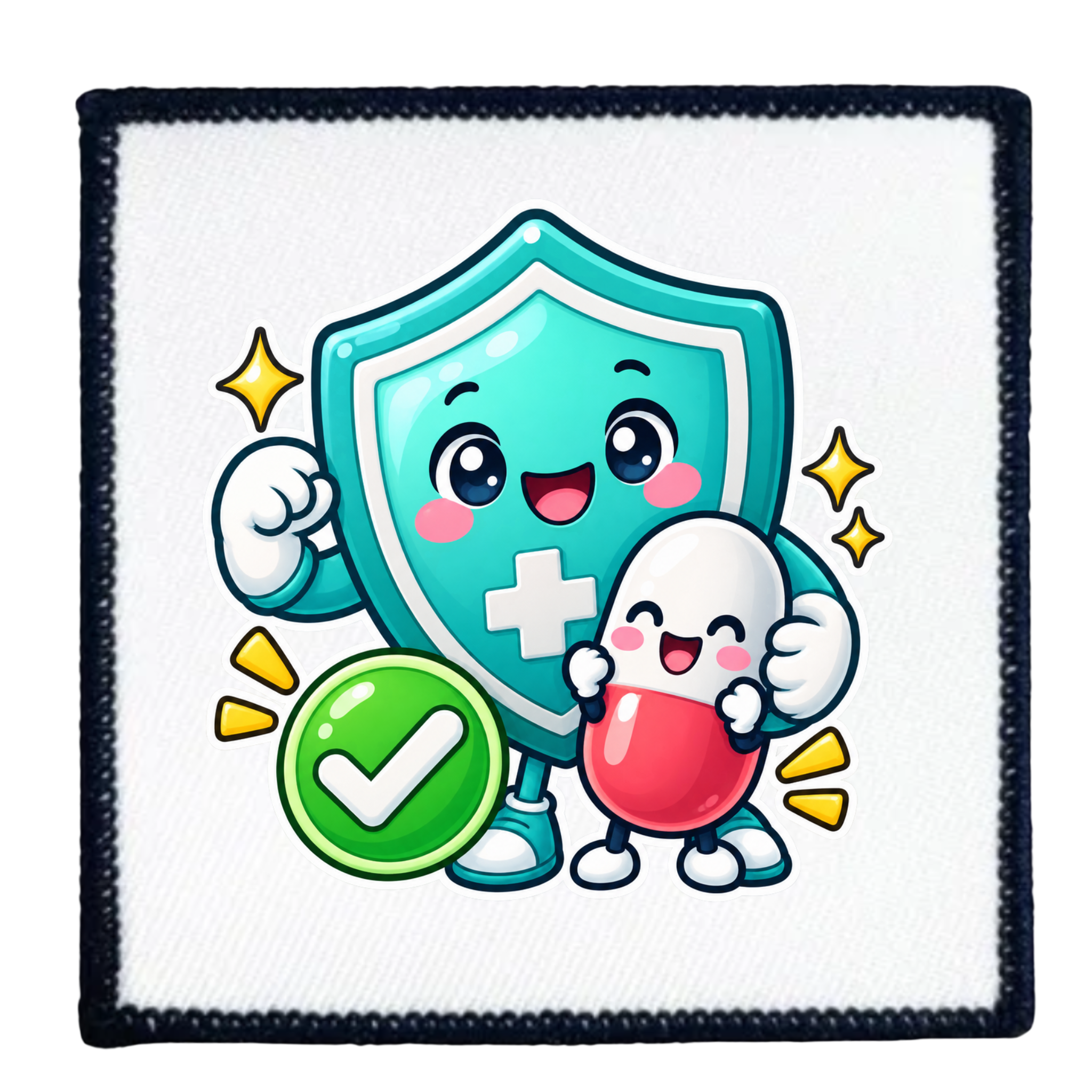 A square white patch with a black stitched border, featuring a cute cartoon illustration of a teal shield character with a white cross, a smiling white character hugging a red pill capsule, and a green check emblem on a white background.