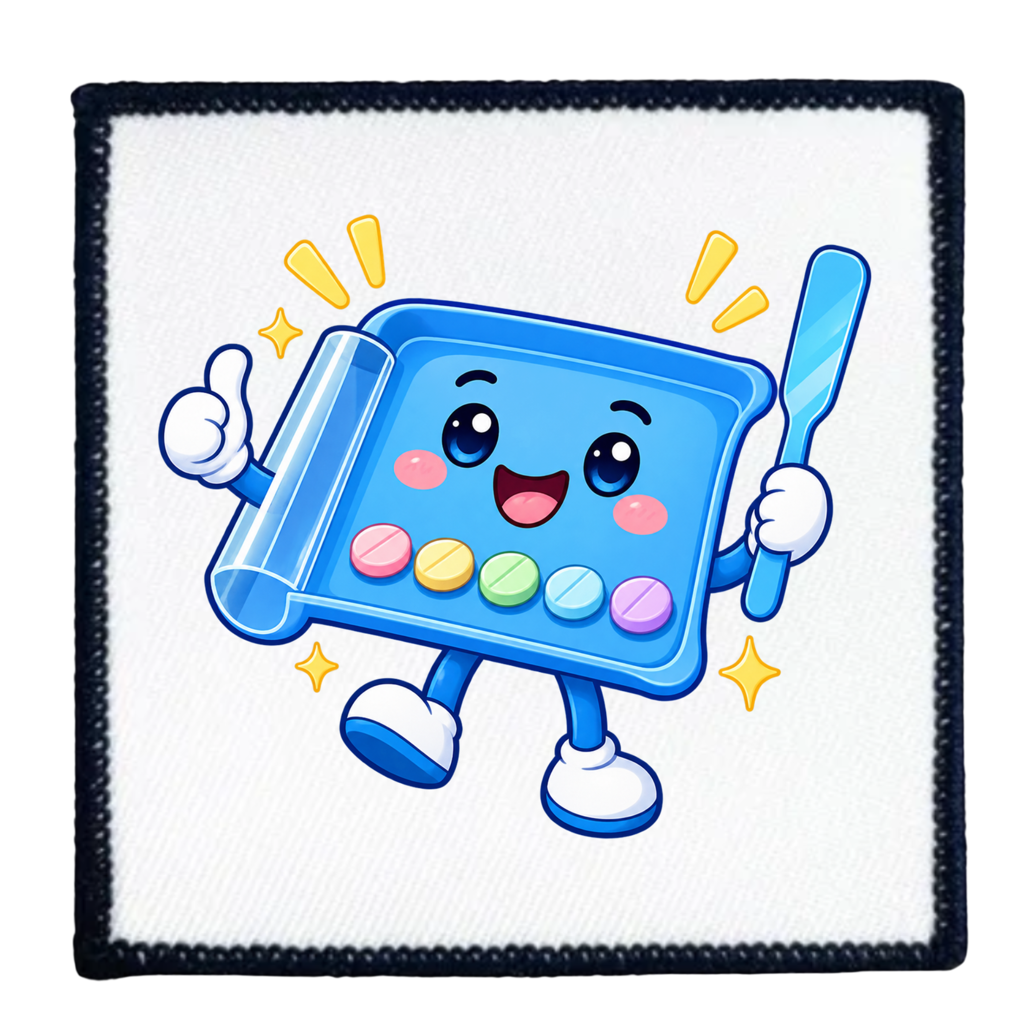 A square white patch with a black stitched border, featuring a cartoon blue tray character with colorful round items on its front, holding a blue spatula and giving a thumbs-up.