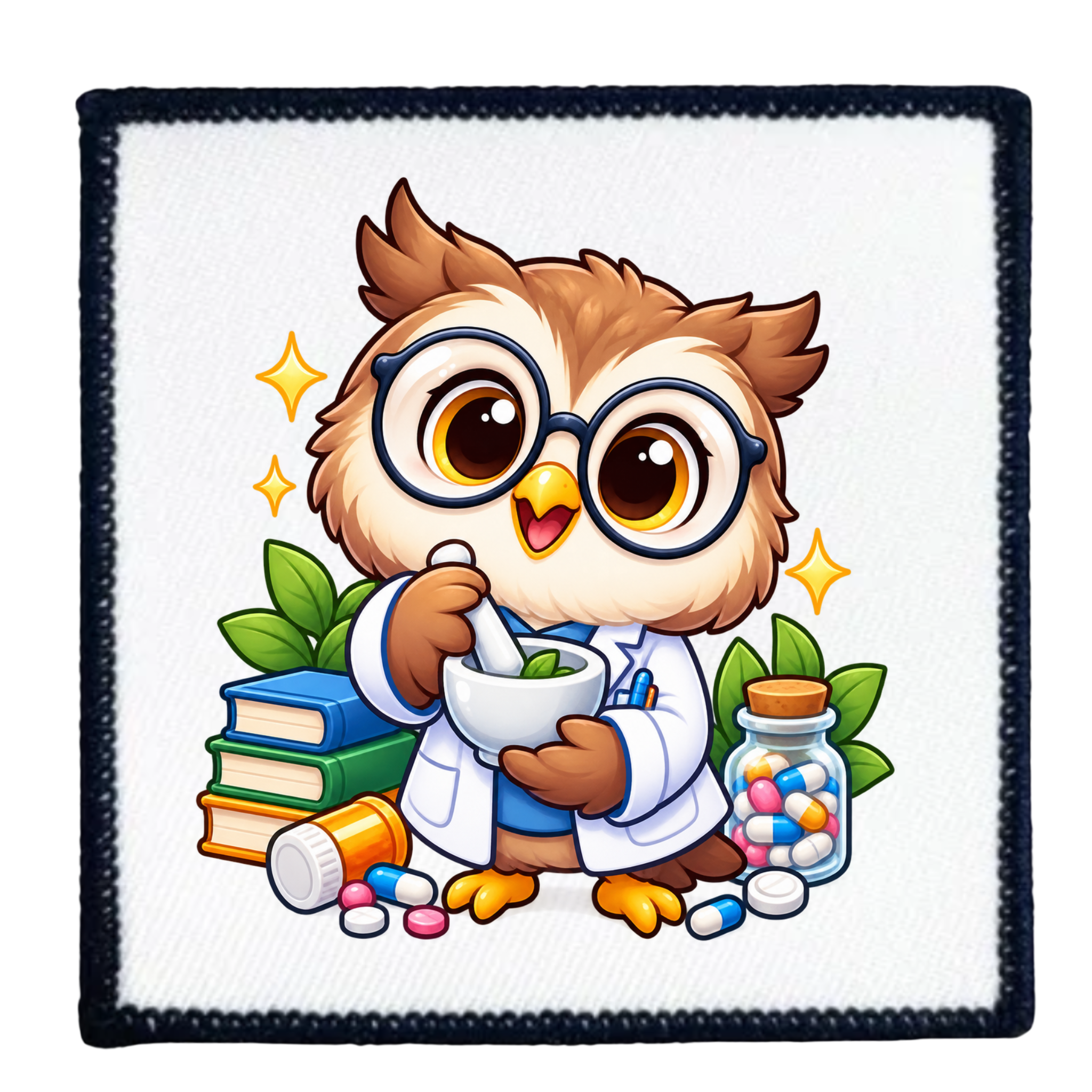 A square white patch with a black stitched border, featuring a cartoon owl dressed as a pharmacist. The owl wears round glasses, a white lab coat, and holds a mortar and pestle, surrounded by books, green leaves, a pill bottle, and a jar of colorful medicine capsules.