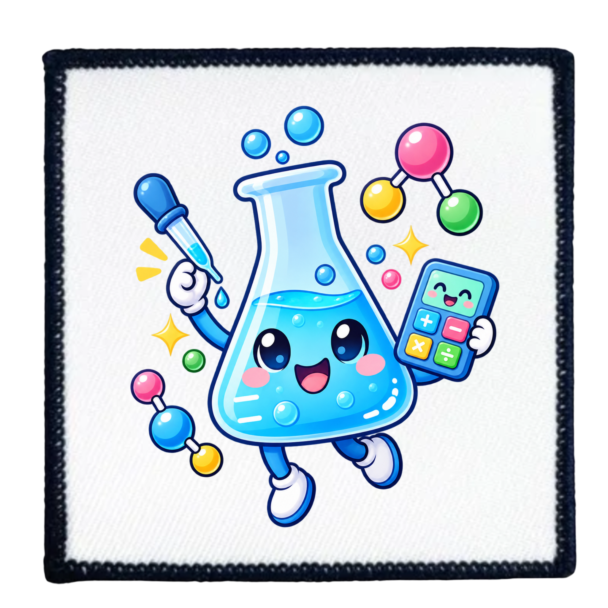 A square white fabric patch with black stitched edges, featuring a colorful cartoon illustration of a happy blue beaker character holding a pipette and a calculator, surrounded by playful molecules and stars.
