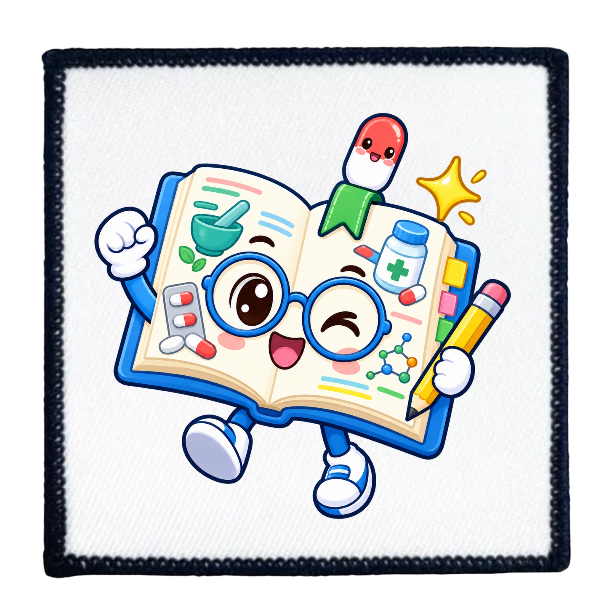 A square white patch with a black stitched border featuring a cartoon illustration of an open book character wearing round glasses, holding a yellow pencil, with medical-themed icons including pills, a mortar and pestle, a pill bottle, and a star.