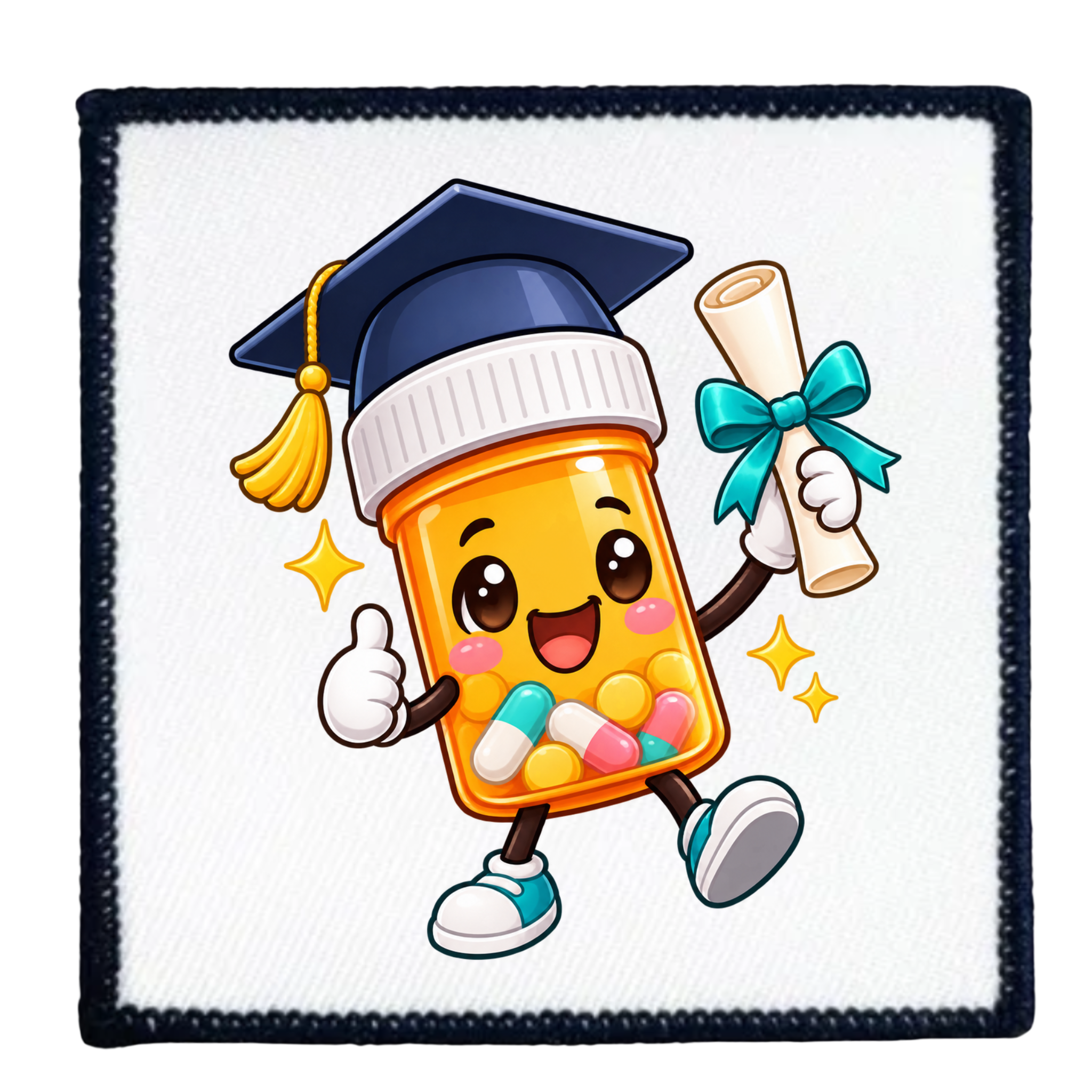 A square white patch with a dark navy border, featuring a cute cartoon illustration of a pill bottle character wearing a graduation cap and holding a diploma. The pill bottle is filled with colorful capsules and has a smiling face.