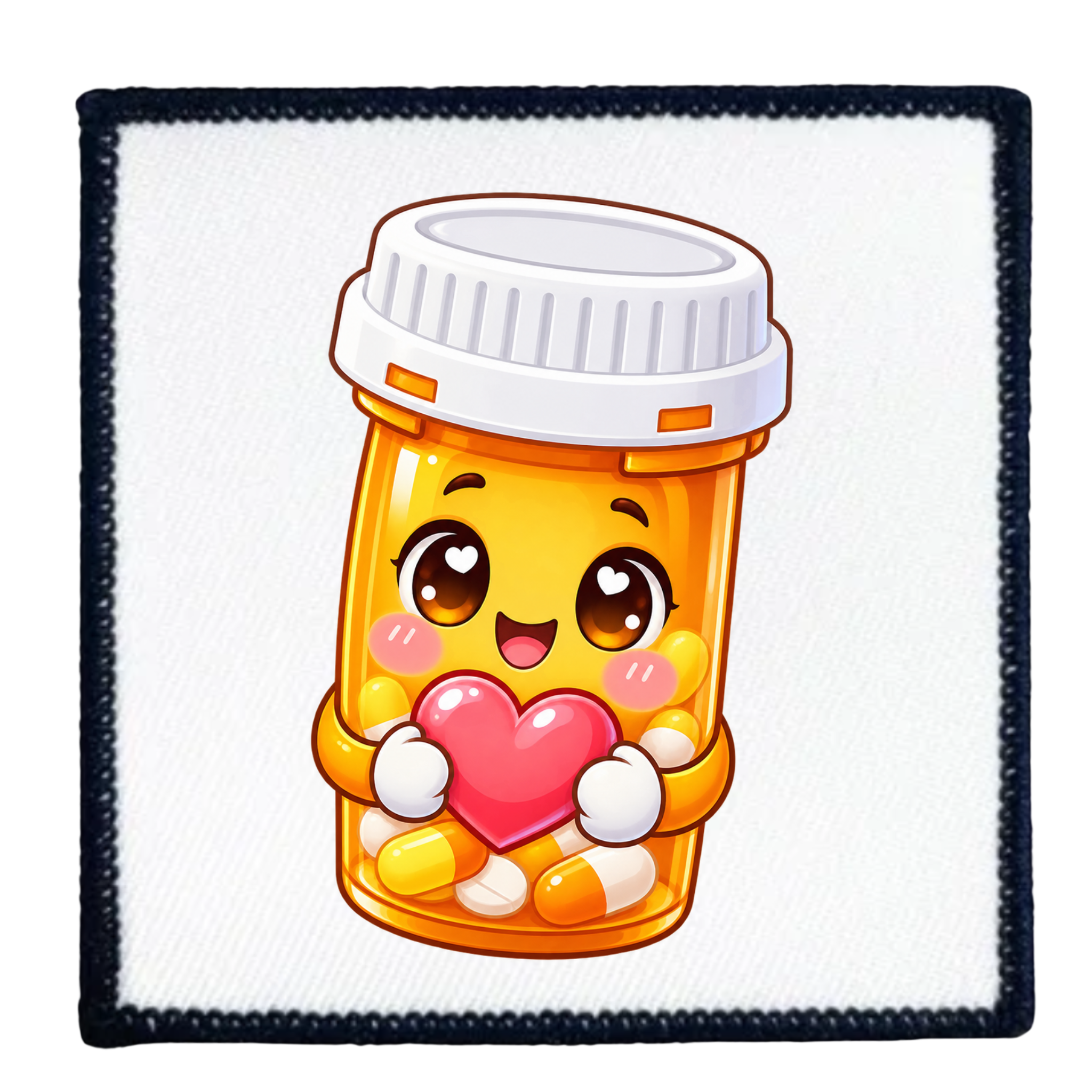 A square white patch with a black stitched border, featuring a cute cartoon illustration of a yellow pill bottle holding a pink heart.