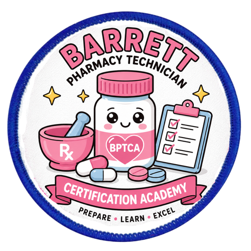 Patch with cartoon pharmacy-themed design and text about Barrett Pharmacy Technician Certification Academy.