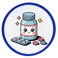 Cute cartoon-style pill bottle with a smiley face on a circular patch with blue border.