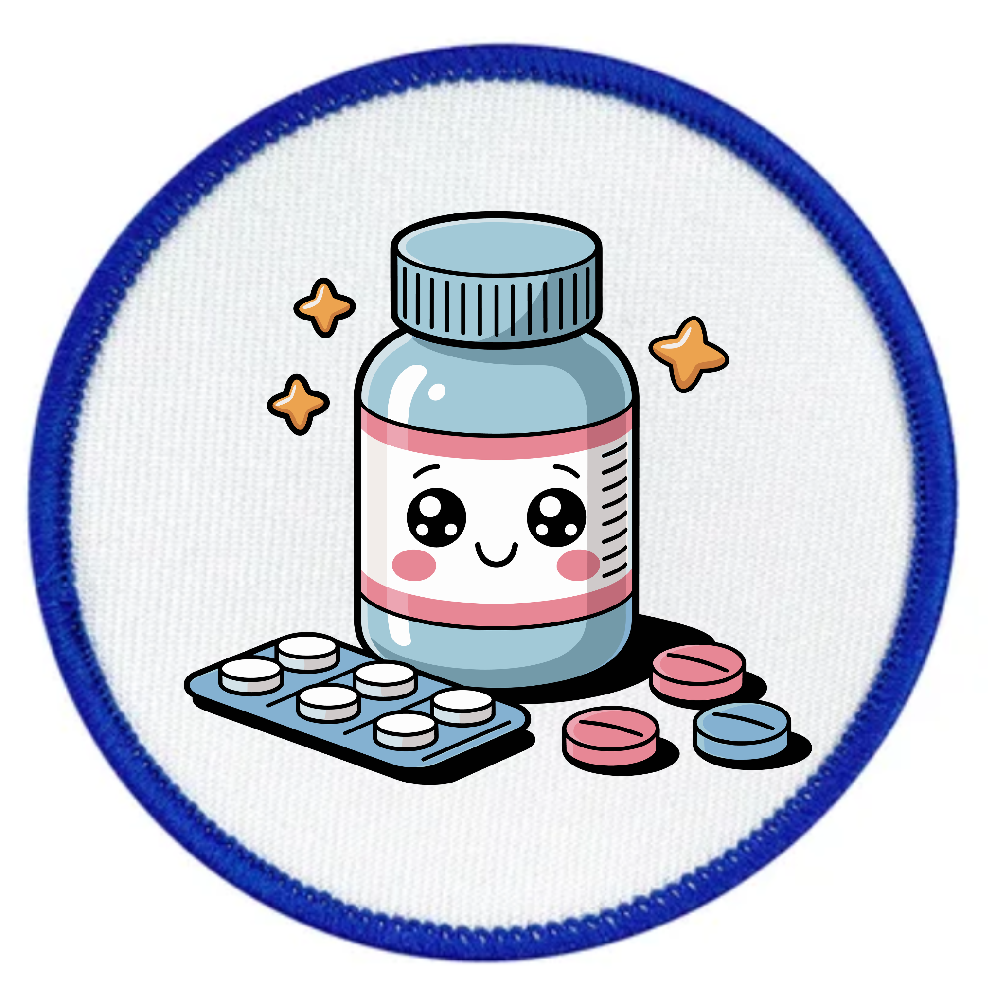 Cute cartoon-style pill bottle with a smiley face on a circular patch with blue border.